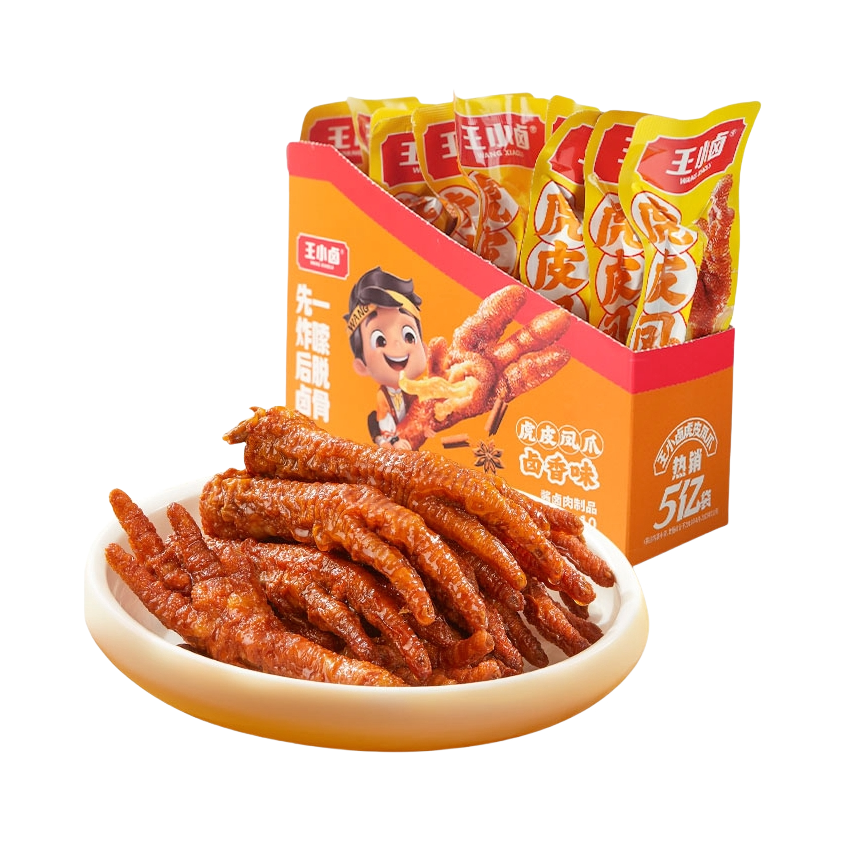 推荐商品：王小卤 虎皮凤爪 250g 盒装 解馋夜宵追剧充饥易脱骨卤香独立包装开袋即食