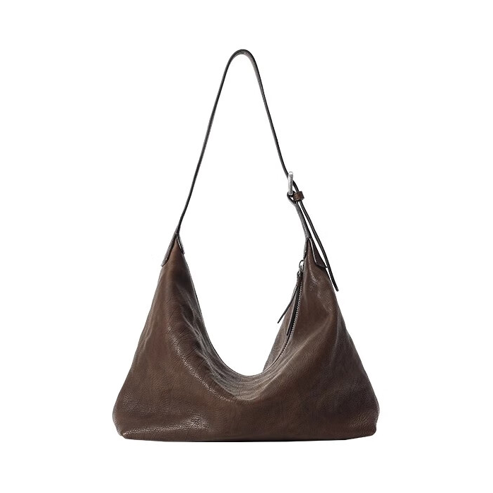 推荐商品：裘真 休闲通勤百搭头层植鞣胎牛皮饺子包手提包单肩包