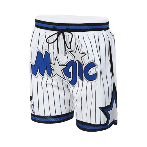 推荐商品：MitchellNess x Just Don 联名球队系列迈阿密热火复古撞色字母印花透气抽绳直筒运动短裤 PFSW6977-MHEYYPPPWHOR 白/奥兰多魔术