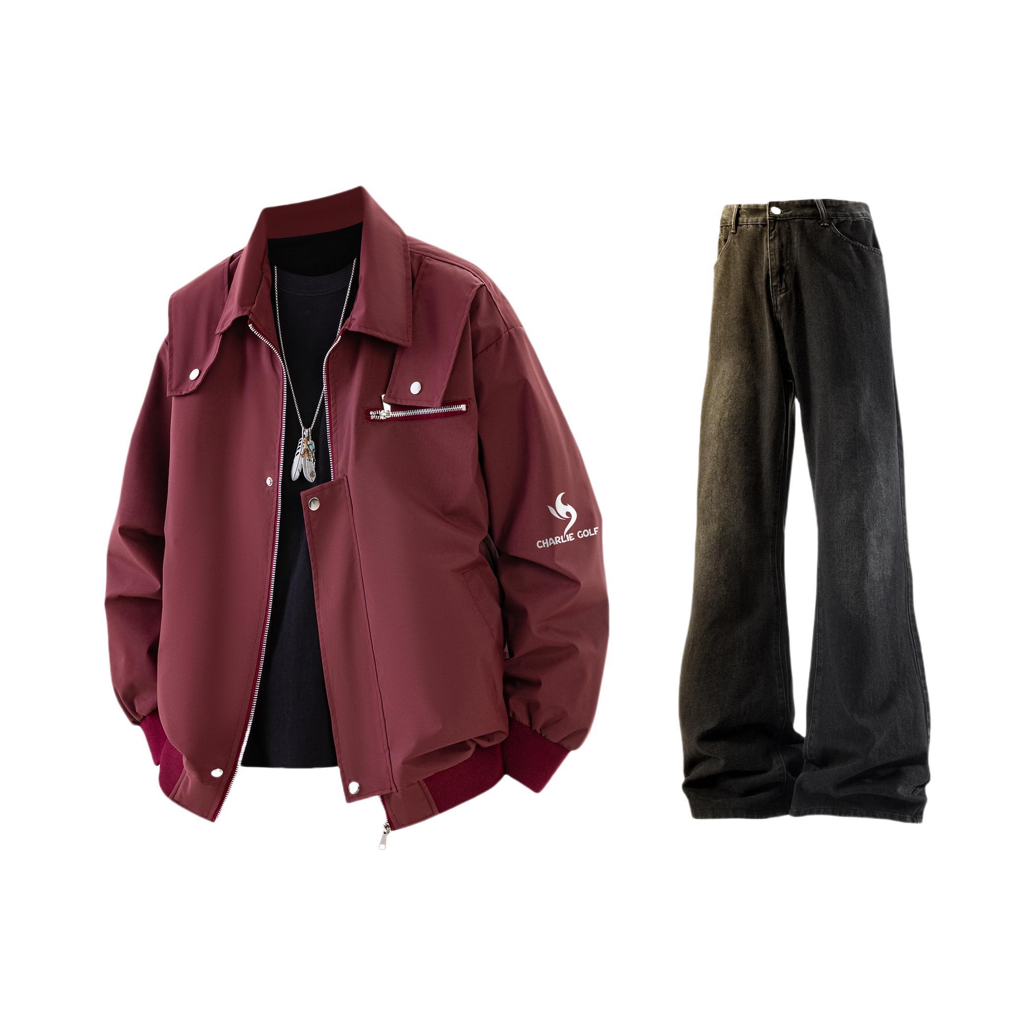 推荐商品：CHARLIE GOLF 美式复古机能风微喇直筒阔腿休闲套装 SYCG-8955-3265+7740 酒红夹克+黑牛仔裤