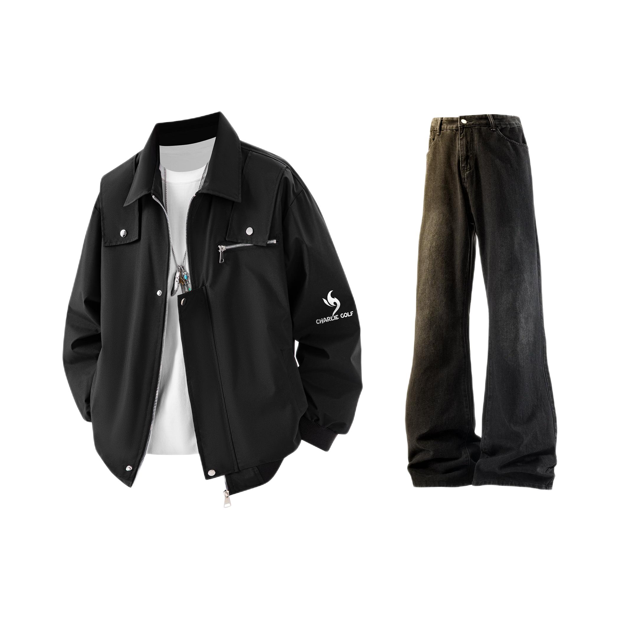 推荐商品：CHARLIE GOLF 美式复古机能风微喇直筒阔腿休闲套装 SYCG-8955-3265+7740 黑夹克+黑牛仔裤