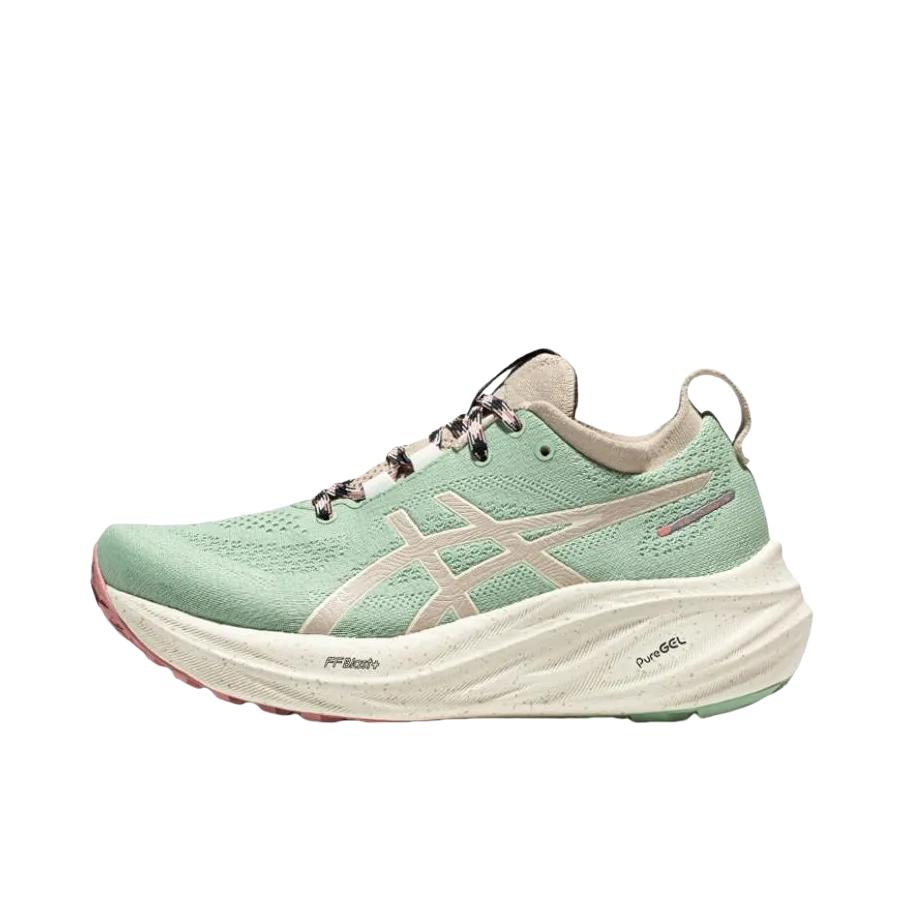 推荐商品：Asics/亚瑟士 Gel-Nimbus 26 跑鞋 缓震轻量回弹防滑耐磨舒适轻便稳定支撑马拉松短跑 女款/绿色/灰色