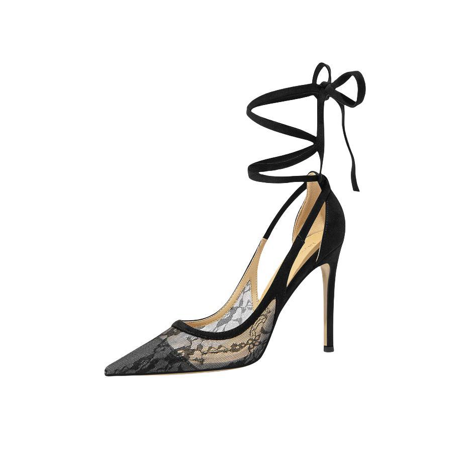 推荐商品：Lily Wei 嫣然 高跟鞋 蕾丝绑带尖头时尚 跟高10cm/黑色