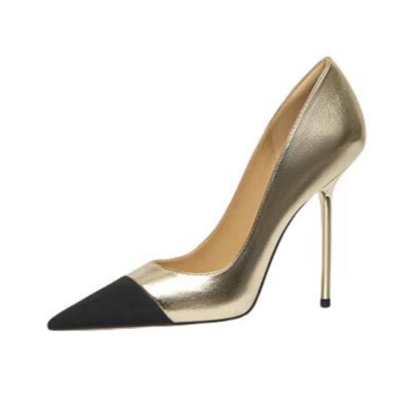 推荐商品：Lily Wei 高跟鞋 拼接浅口一脚蹬 2597 跟高11cm/黑色/拼金色