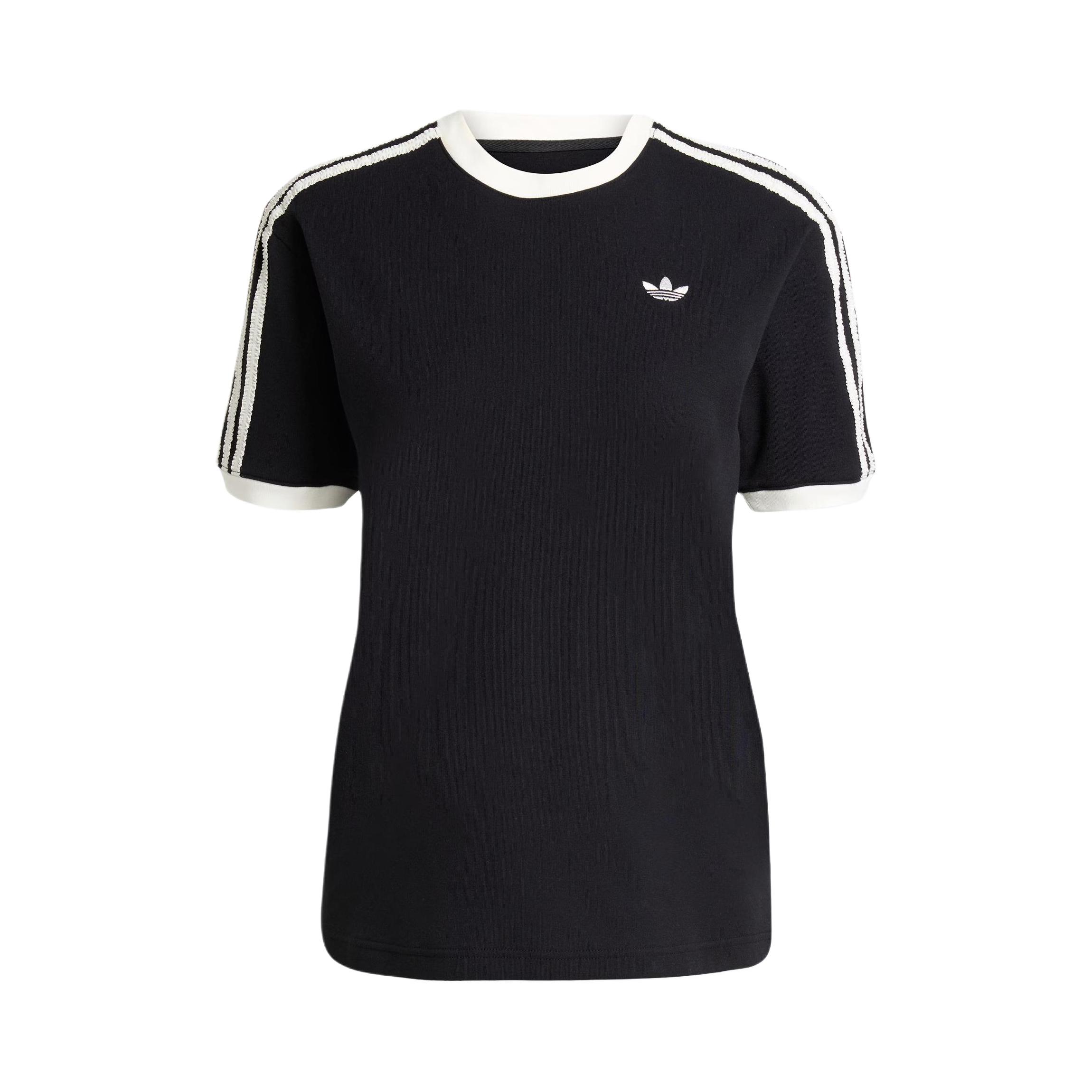 adidas Originals/三叶草 三条纹套头透气褶边圆领半截袖短袖T恤 女装 KC8819 黑