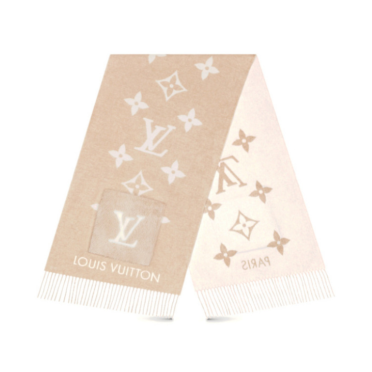 Louis Vuitton/路易威登 花卉提花织纹流苏饰边貂毛口袋绒线羊绒围巾 M74353/M74354 米黄色