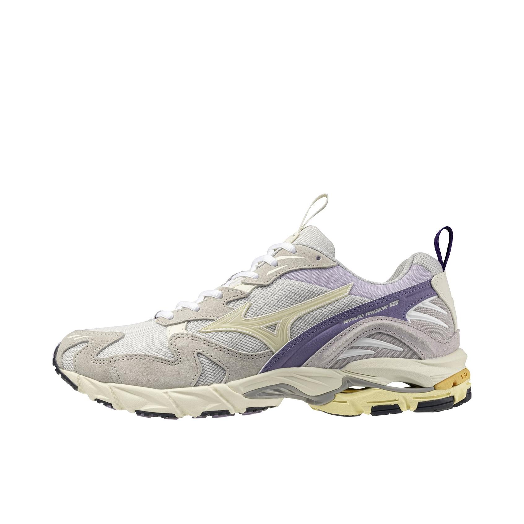 推荐商品：Mizuno/美津浓  Wave Rider 10  经典减震 防滑耐磨 轻便  网布 透气 织物 复古 合成革 运动  跑鞋 白色/深紫色