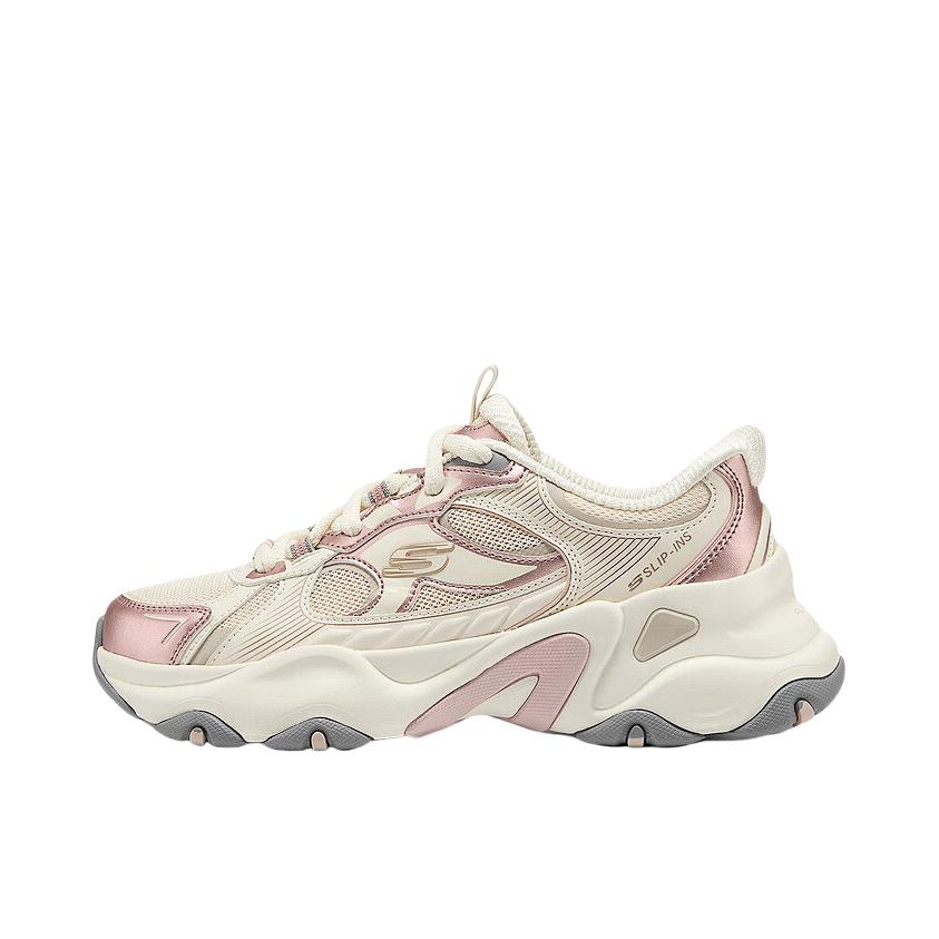 推荐商品：Skechers/斯凯奇 熊猫鞋5代 老爹鞋 闪穿鞋 网面透气一脚蹬 女款/粉色/米色