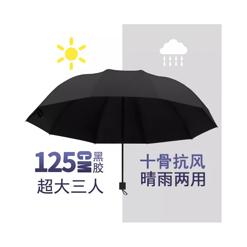 推荐商品：雨众 超大款 三折 黑胶 三人直径125cm晴雨伞 手动