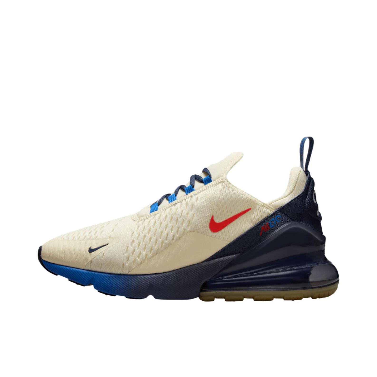 推荐商品：Nike Air Max 270 气垫缓震 轻便透气 耐磨 时尚复古 舒适百搭 防滑 支撑 防水 织物 跑鞋 纯白色/蓝色