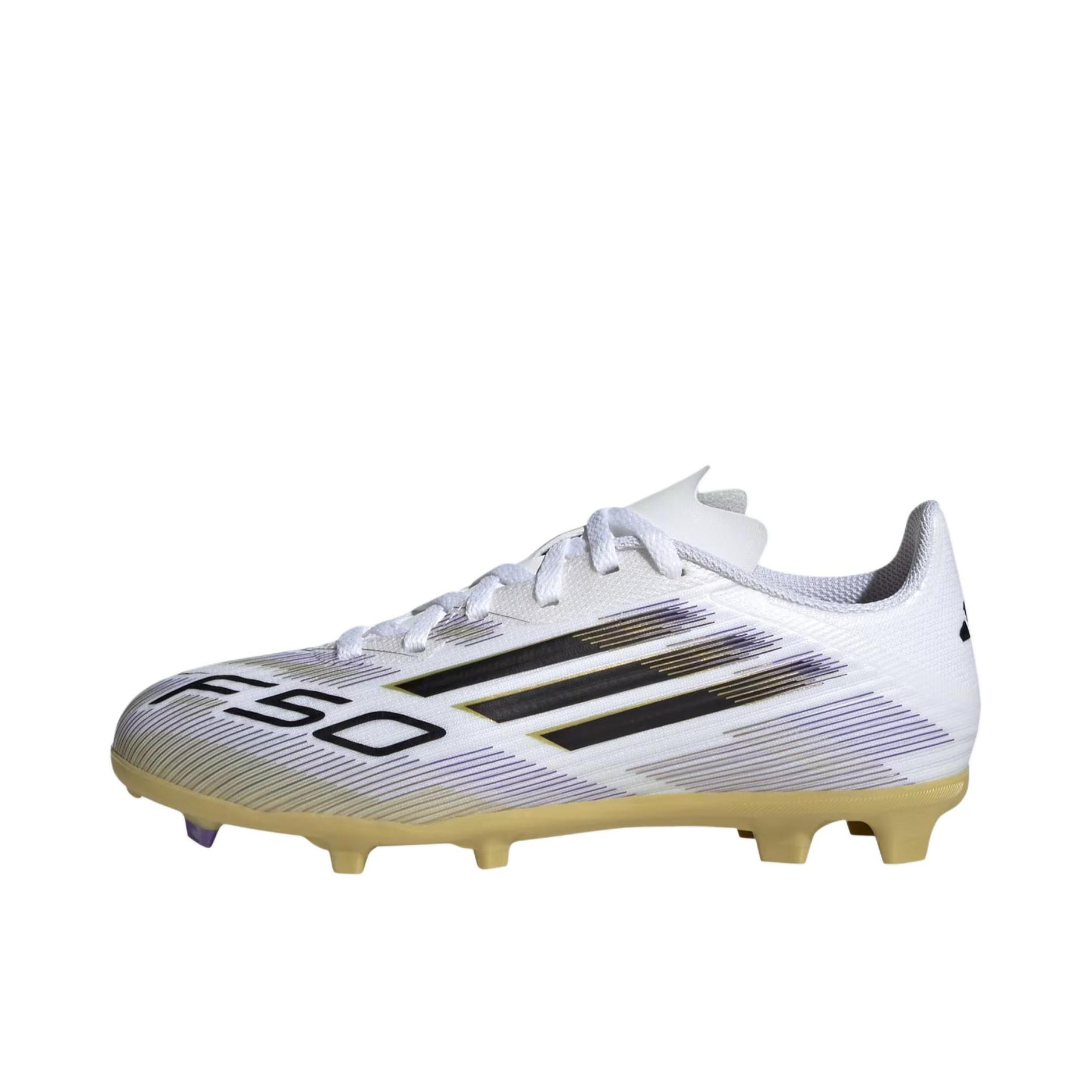 推荐商品：adidas F50 LEAGUE MG/FG 中端 胶质混钉 硬天然草场 防滑耐磨 足球鞋 大童/白色/黑色