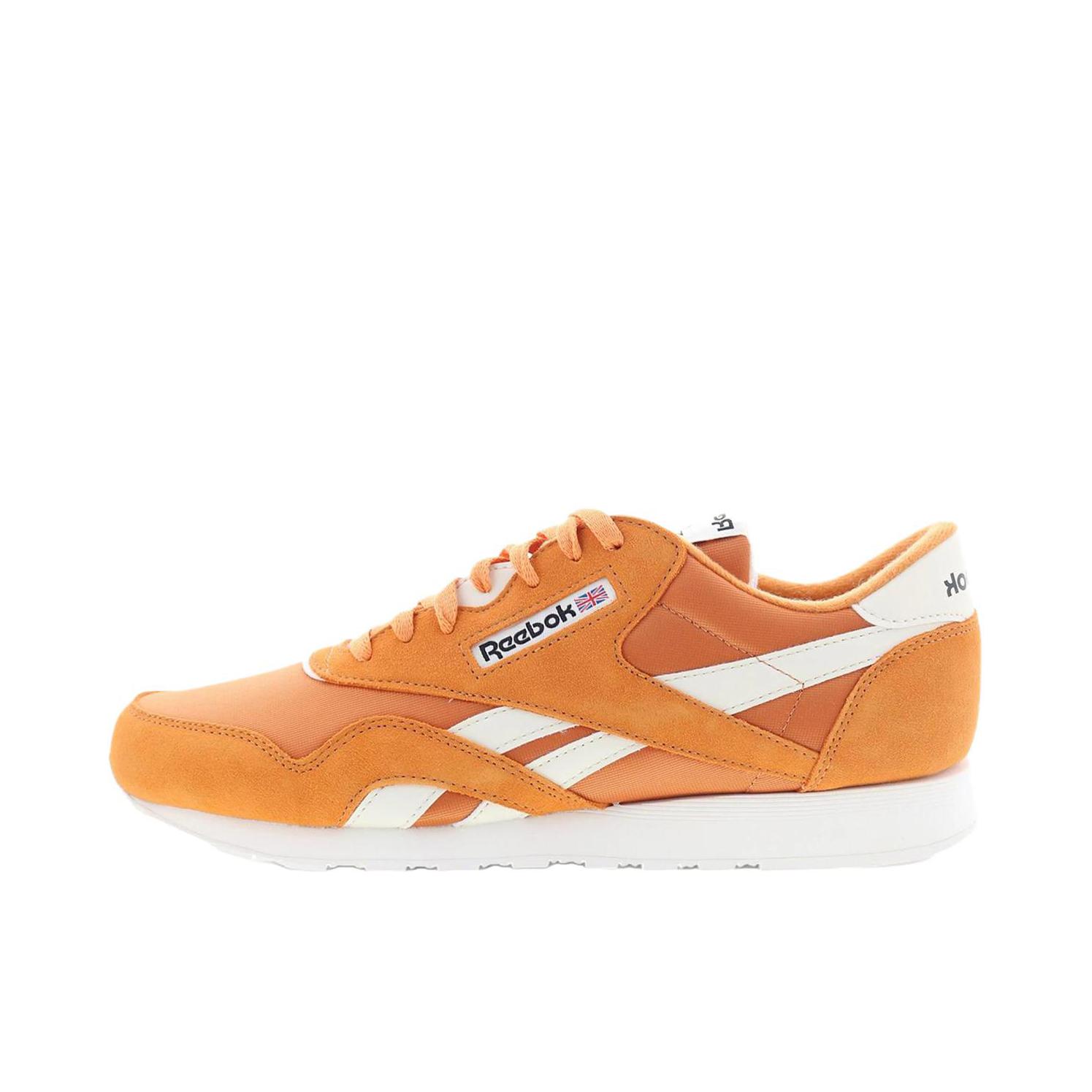 推荐商品：Reebok/锐步 Classic Nylon 跑鞋 阿甘鞋 潮流经典防滑耐磨轻便舒适百搭织物合成革复古运动支撑 橙色/白色 