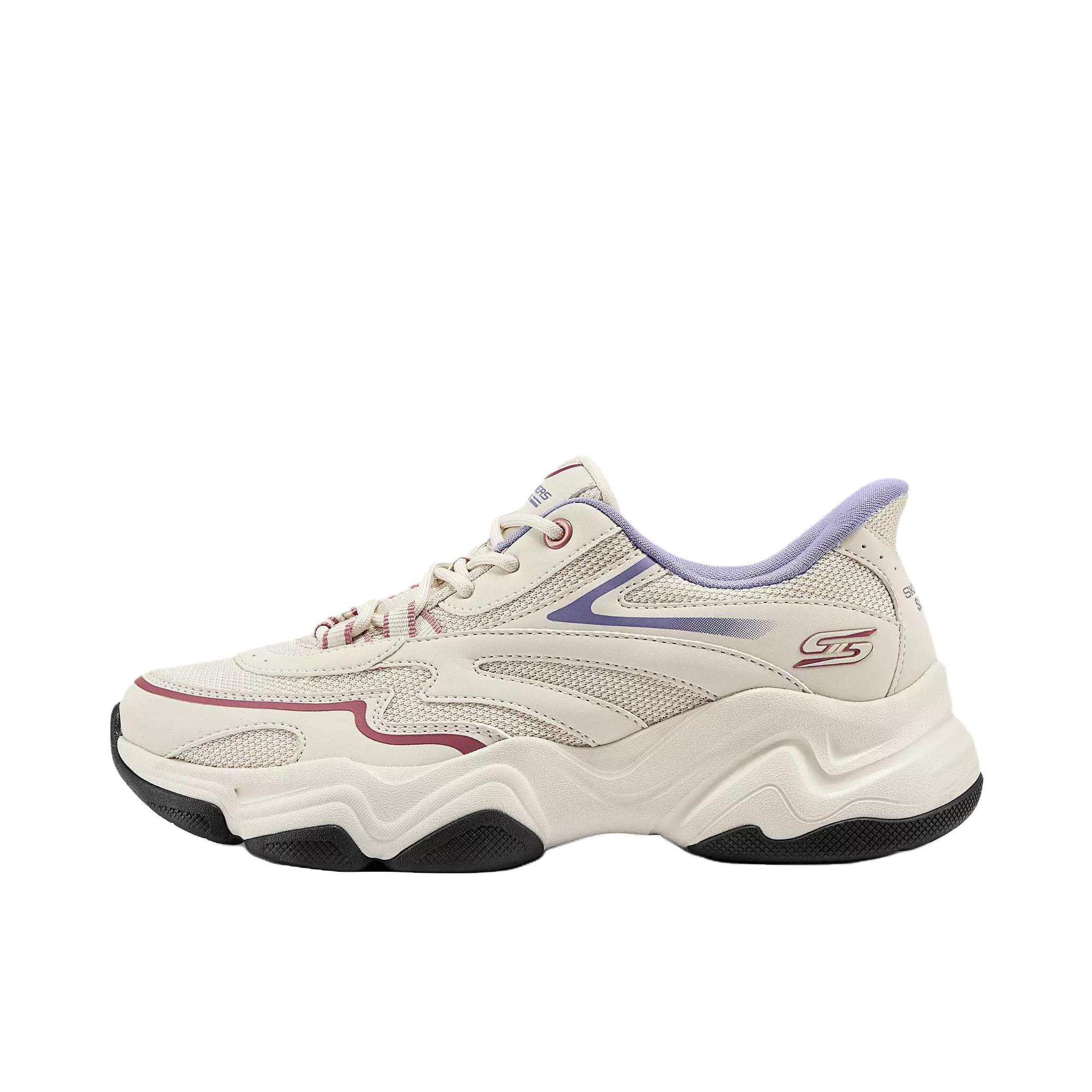 推荐商品：Skechers/斯凯奇 DLITES 老爹鞋 闪穿鞋 复古厚底轻便透气一脚蹬 女款/米白色/紫色 