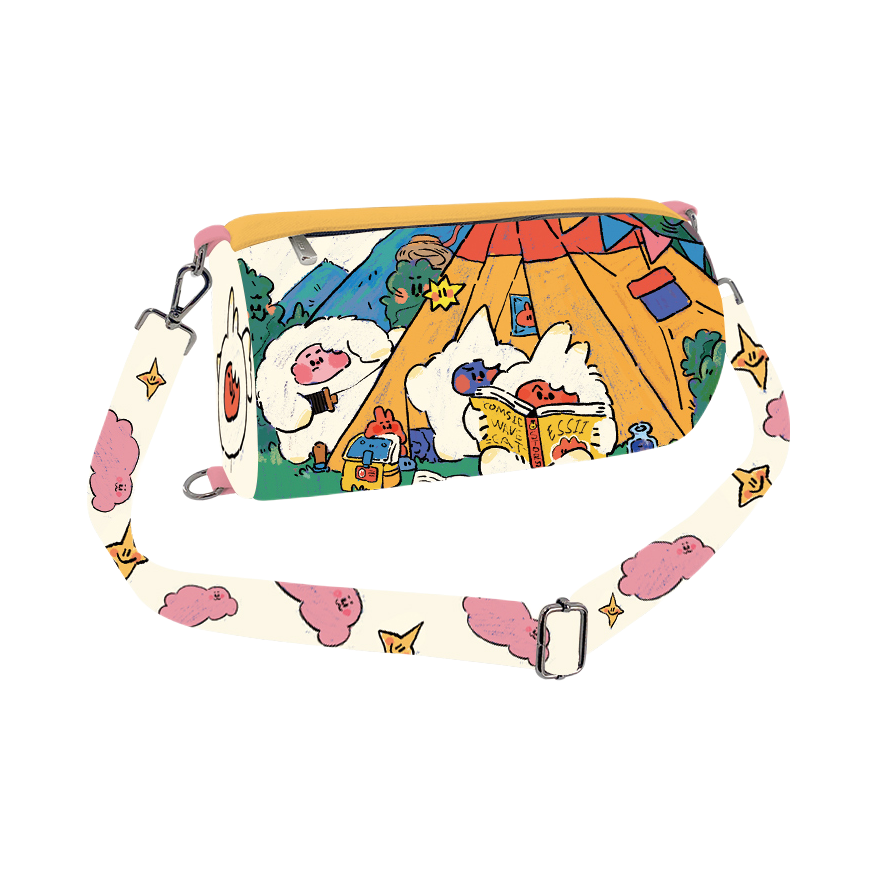 推荐商品：【宇宙波猫猫插画师联名款】完美款款 时尚潮流可爱熊猫插画圆筒包手拎包斜挎包