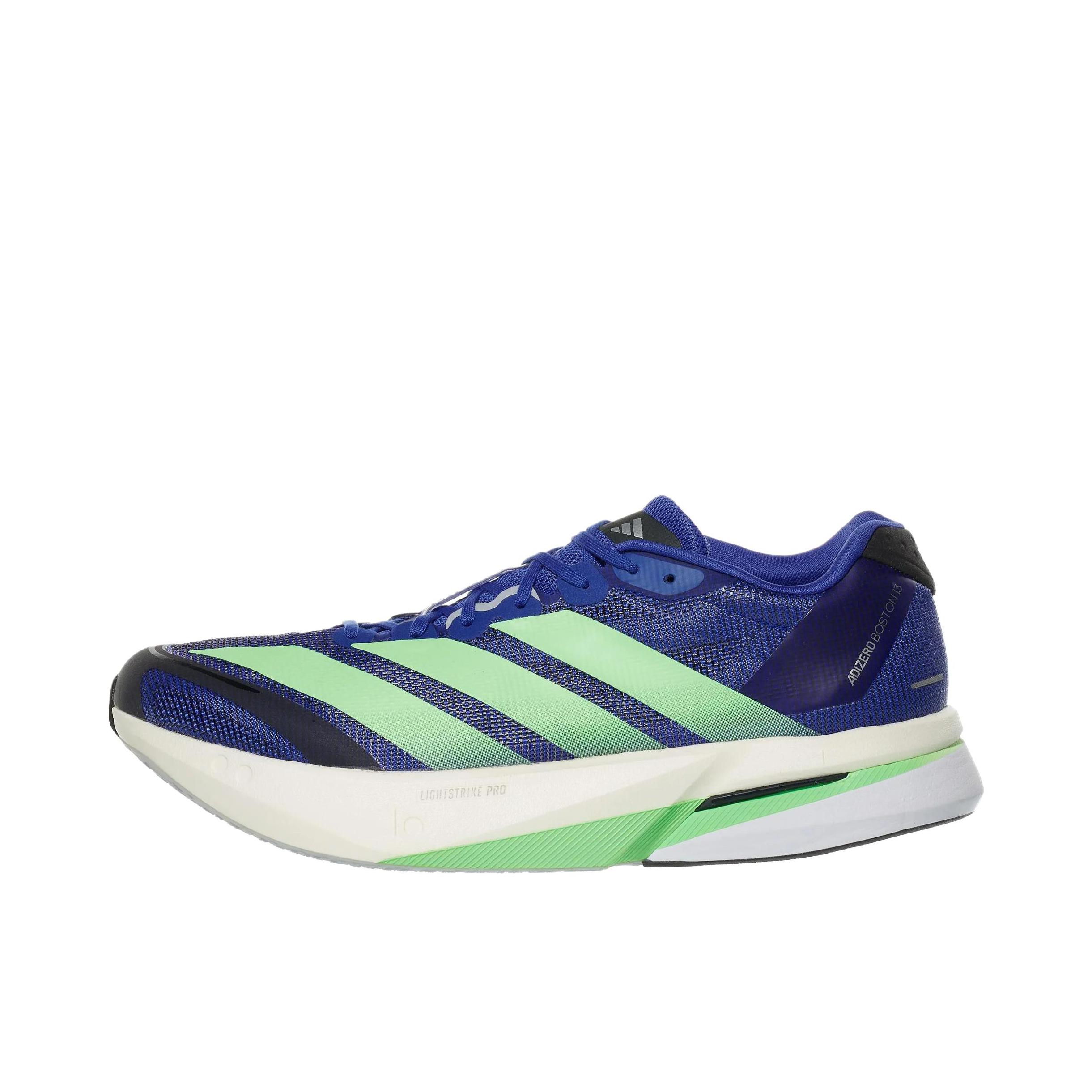 推荐商品：adidas Adizero Boston 13 跑鞋 低帮系带防滑耐磨透气玻纤柱竞训支撑贴合 蓝色/绿色