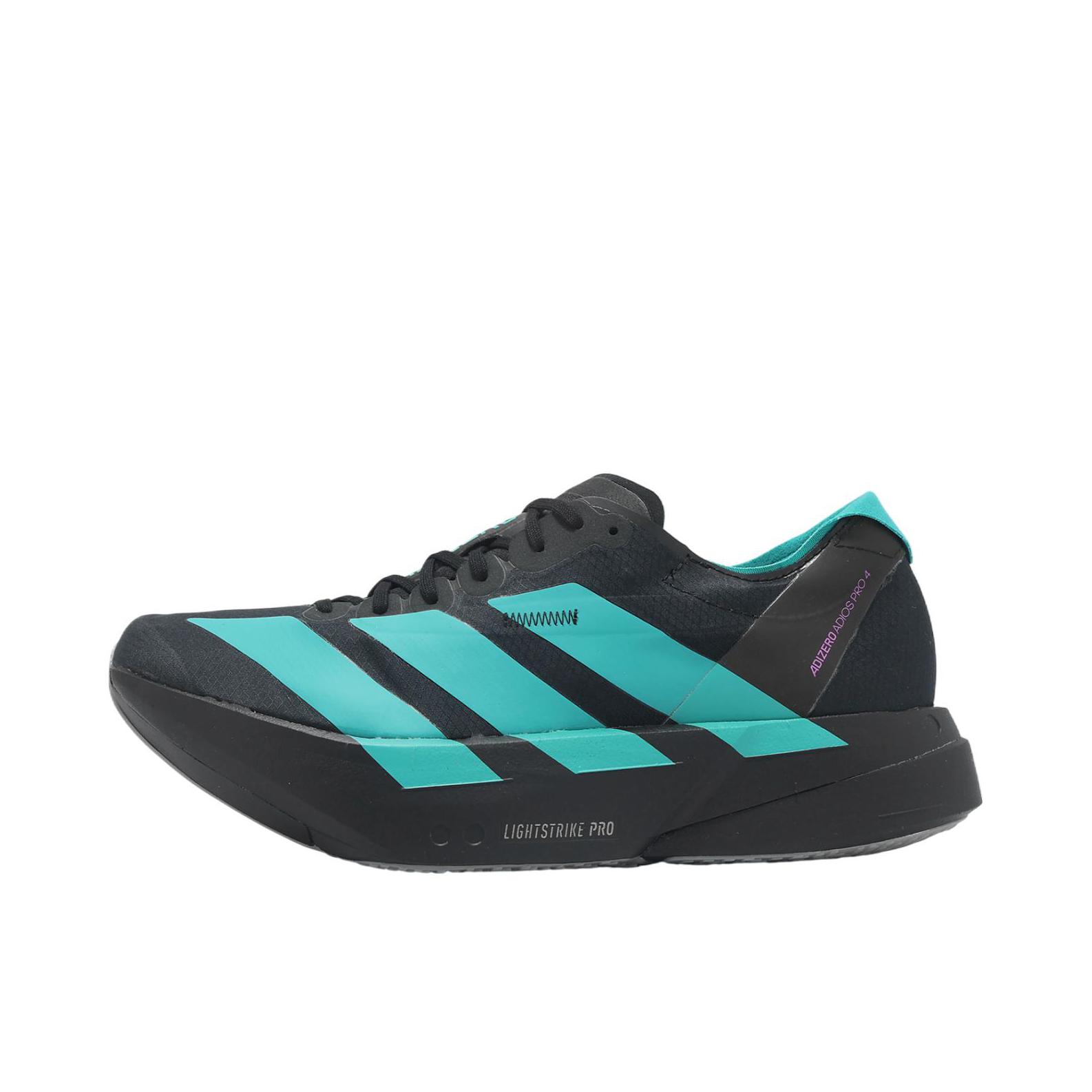推荐商品：adidas Adizero Adios Pro 4 跑鞋 碳柱缓震防滑耐磨低帮休闲贴合短跑支撑 黑色/青色