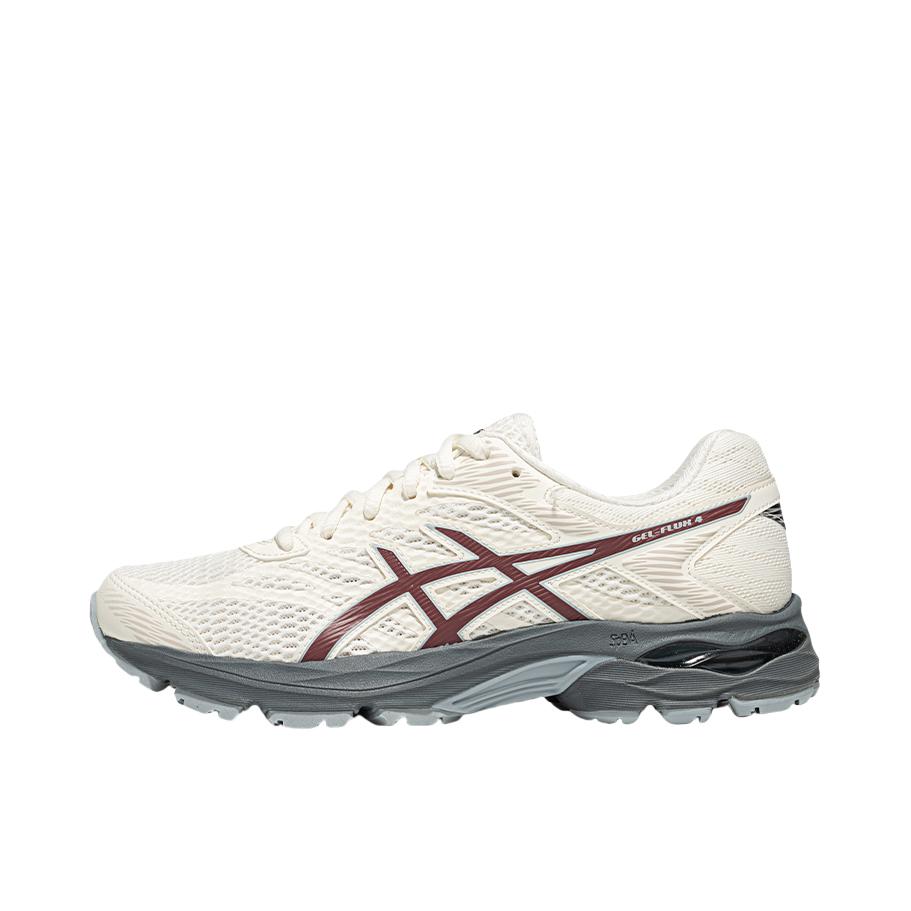 推荐商品：Asics/亚瑟士 Gel-Flux 4 跑鞋 包裹性舒适缓冲复古越野短跑慢跑织物轻量回弹合成革运动 女款/白色/红色