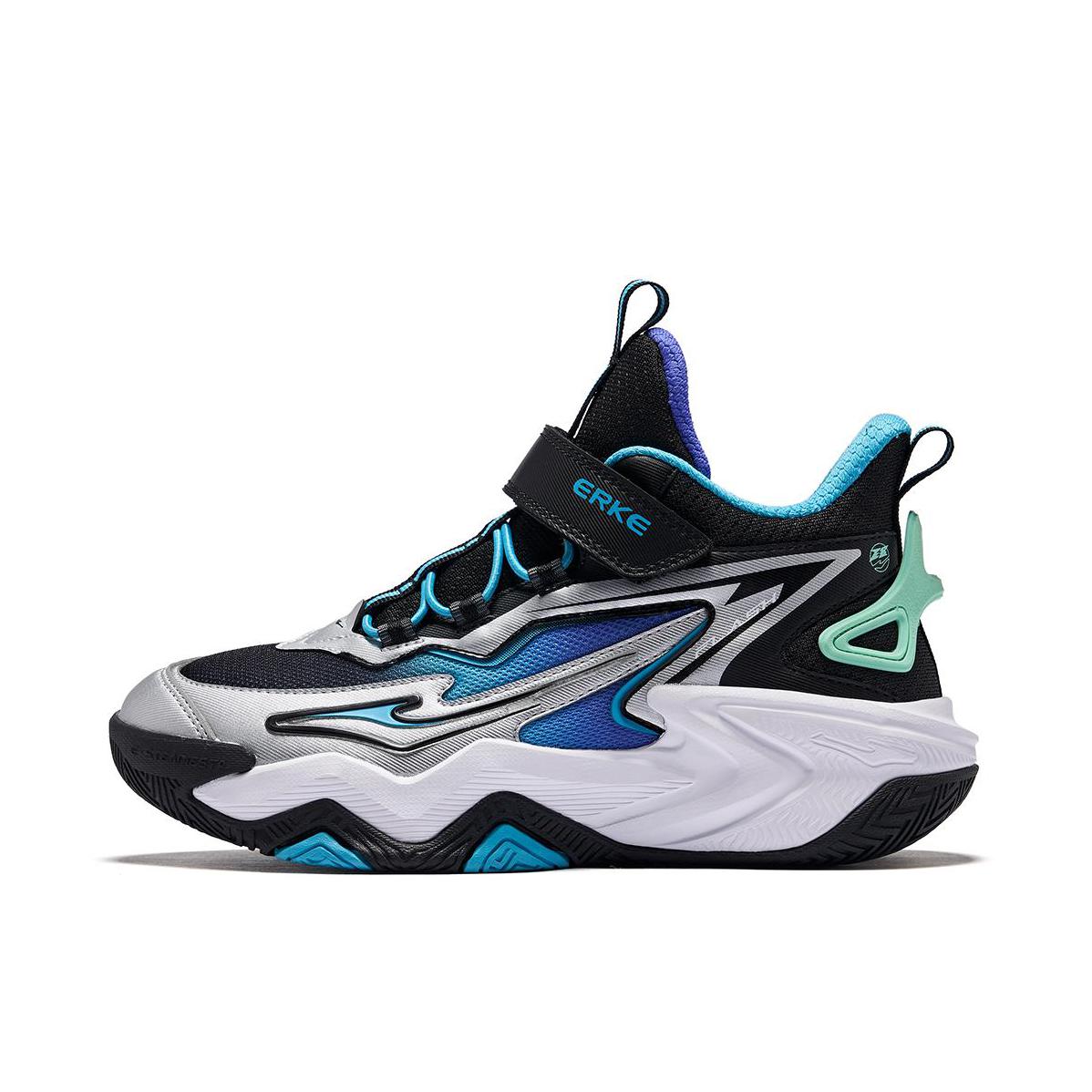 推荐商品：鸿星尔克 无惧 儿童篮球鞋 实战防滑耐磨 大童/正黑色/电蓝紫/亮银