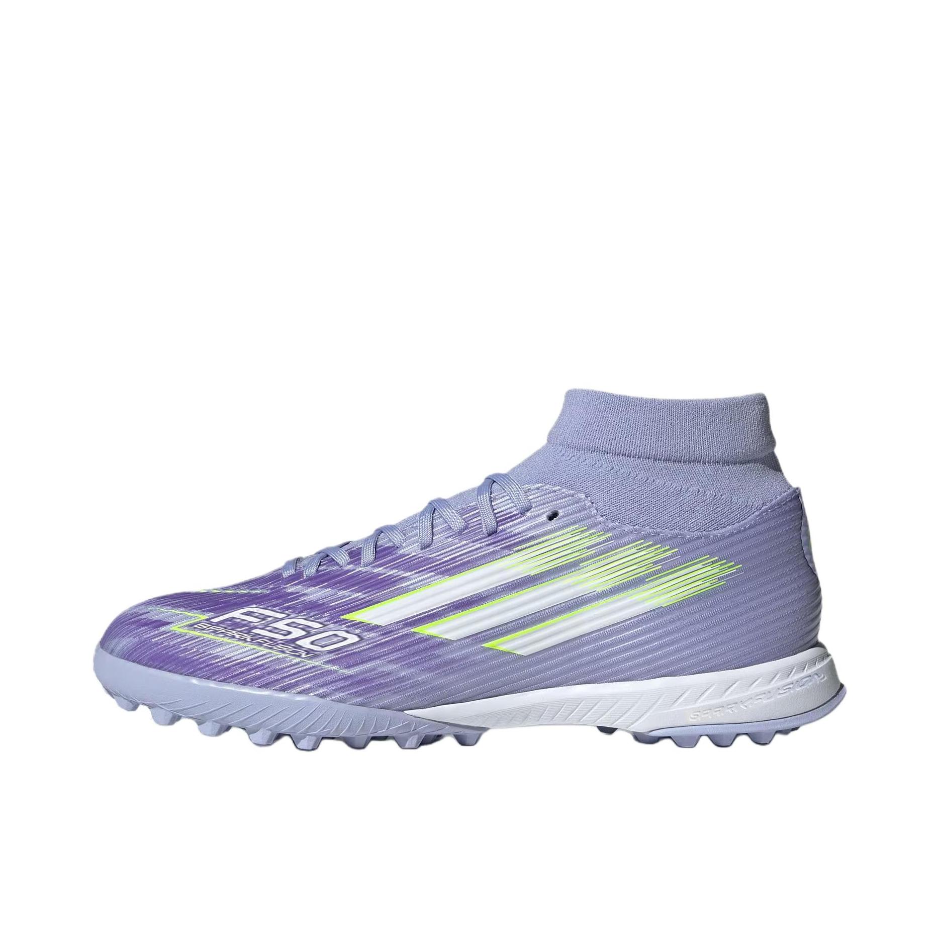 推荐商品：adidas F50 SPARKFUSION LEAGUE TF 足球鞋 中端碎钉室外硬地训练 浅紫色/亮柠檬黄/紫色