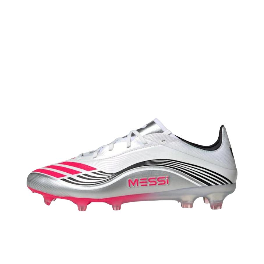 推荐商品：adidas F50 MESSI LEAGUE MG 足球鞋 中端胶质短钉软硬人造草坪耐磨 白色/银色/粉色