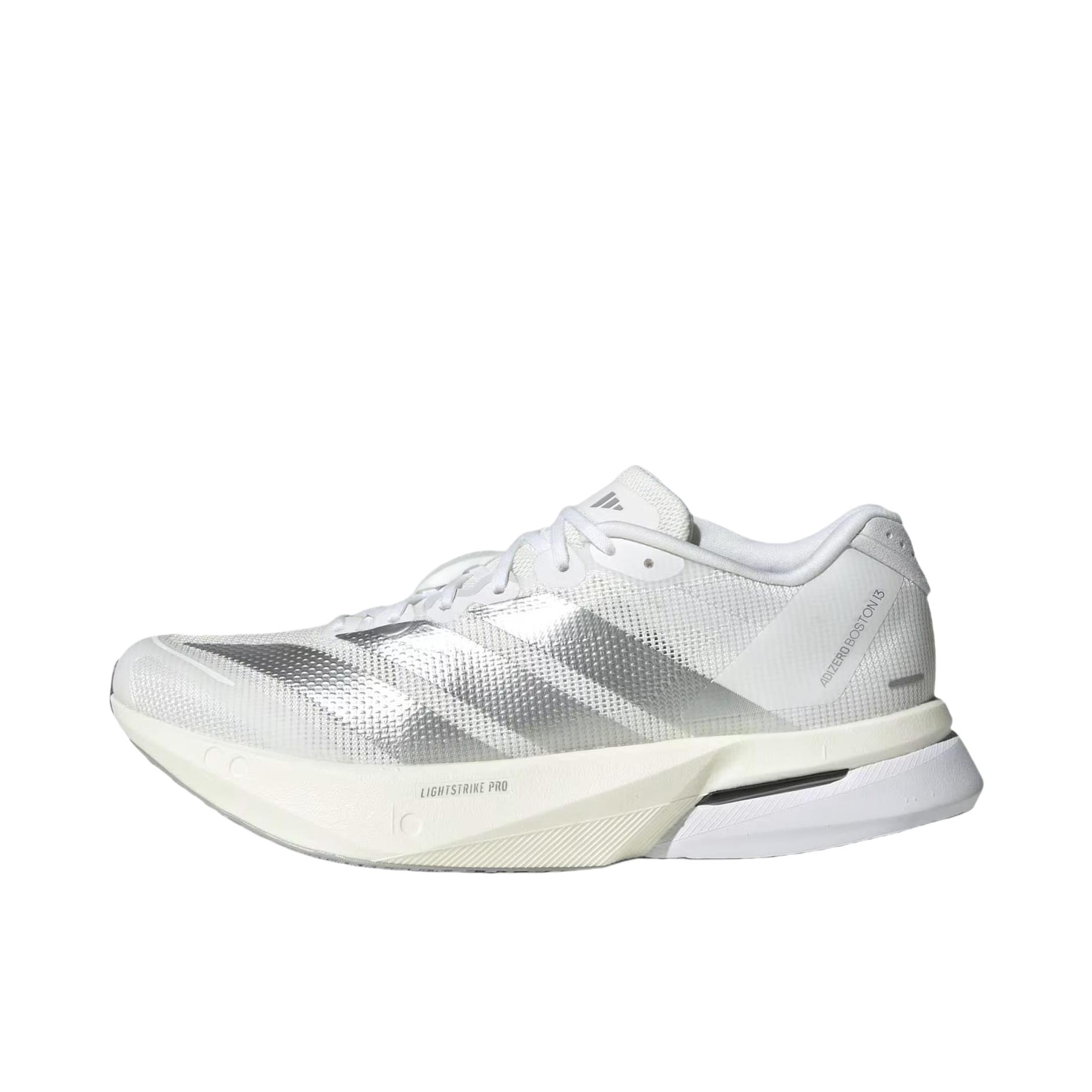 推荐商品：adidas Adizero Boston 13 跑鞋 低帮系带防滑耐磨透气玻纤柱竞训支撑贴合 白色/银色