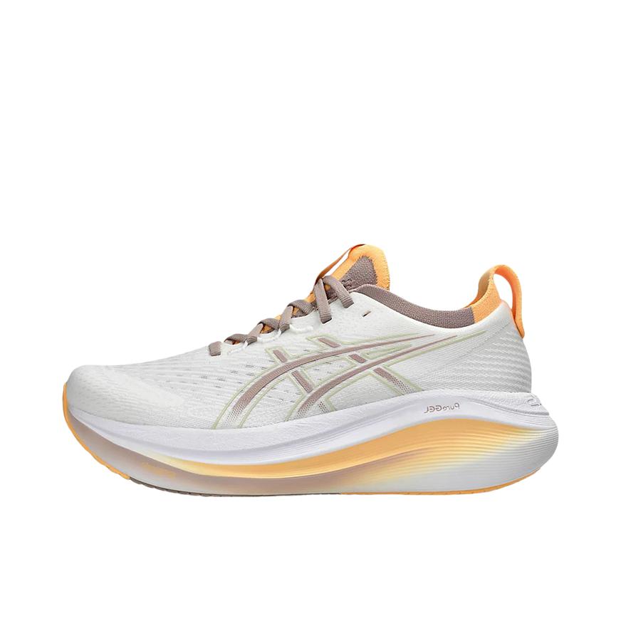推荐商品：Asics/亚瑟士 Gel-Nimbus 27 跑鞋 防滑耐磨缓震轻量回弹舒适轻便支撑夜跑 女款/白色/黄色