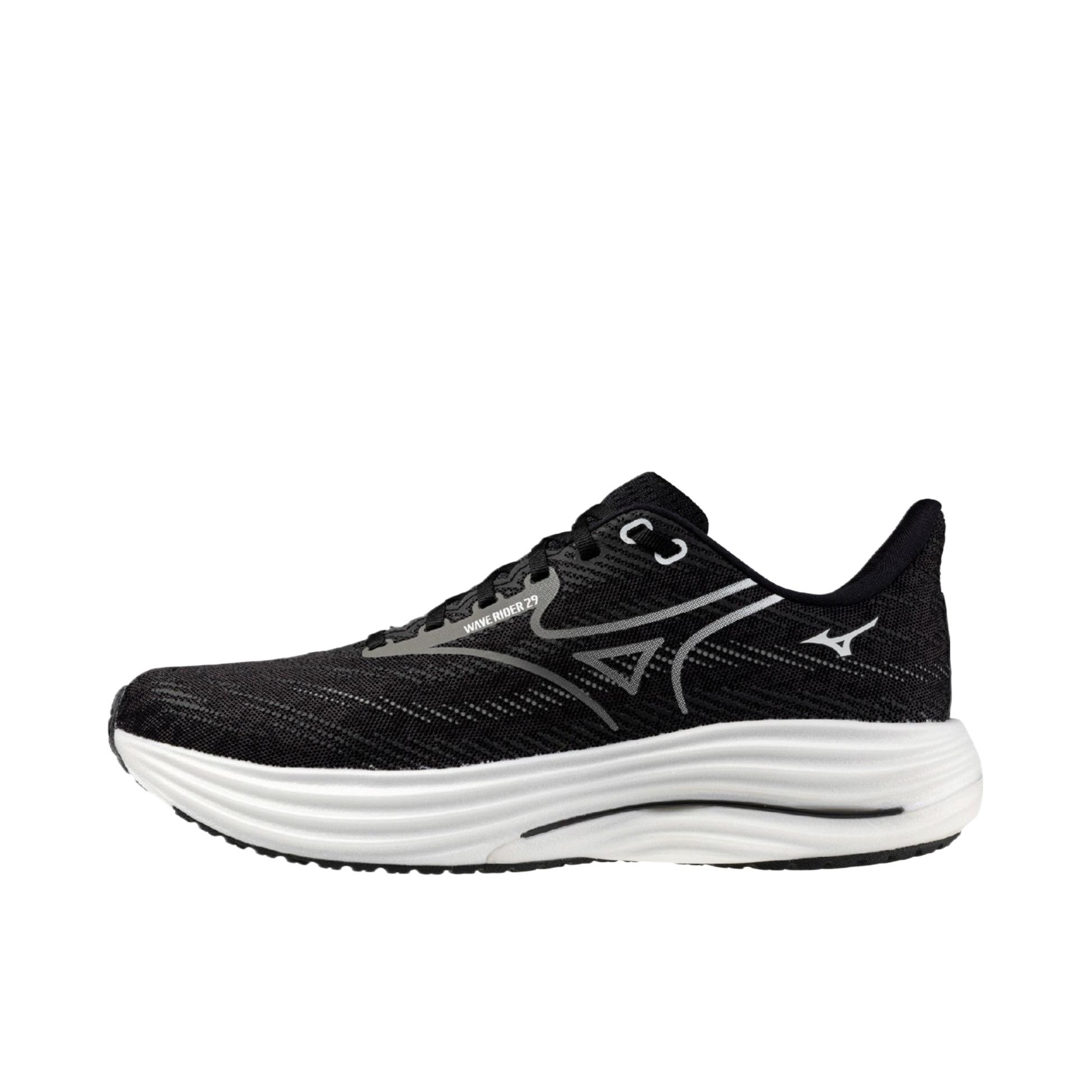 推荐商品：Mizuno/美津浓 WAVE RIDER 29 跑鞋 透气缓震舒适支撑回弹轻便贴合 黑色/白色