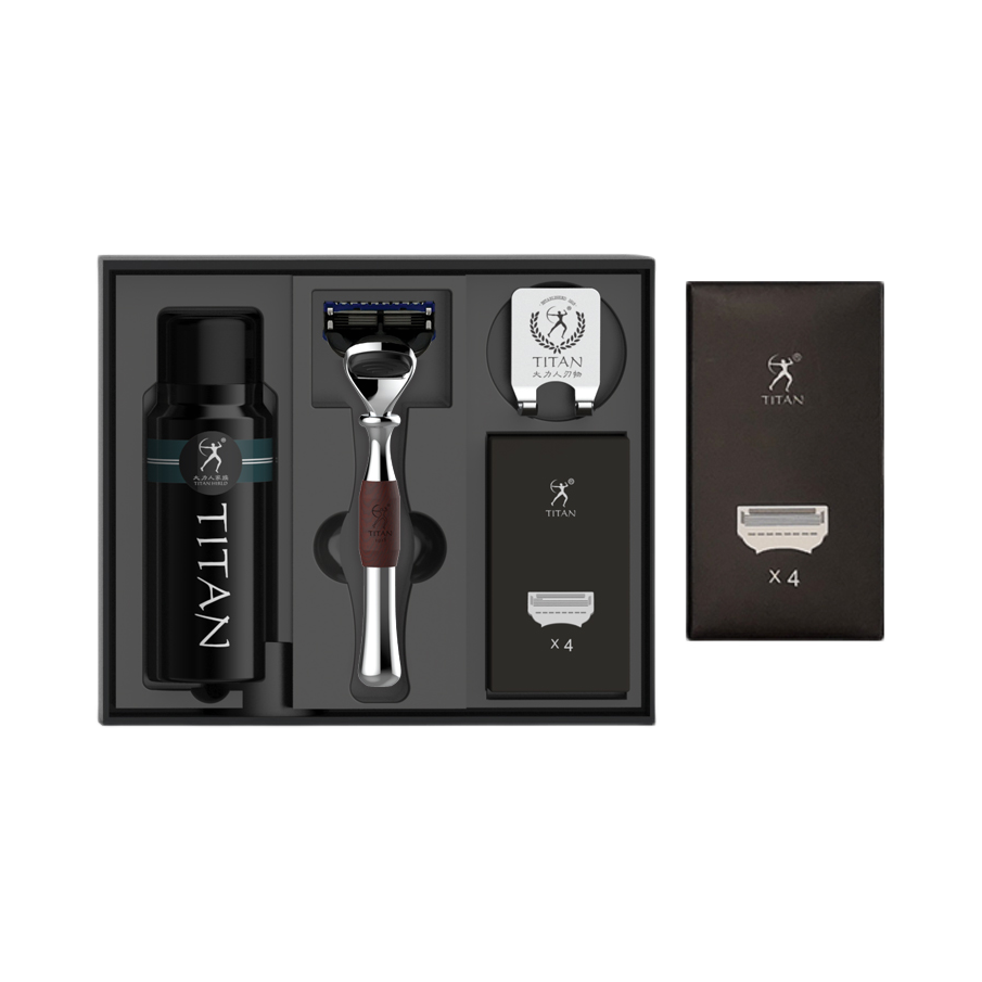 推荐商品：TITAN/大力人 进口5层刀片男士手动老式剃须刀套装 血木金属