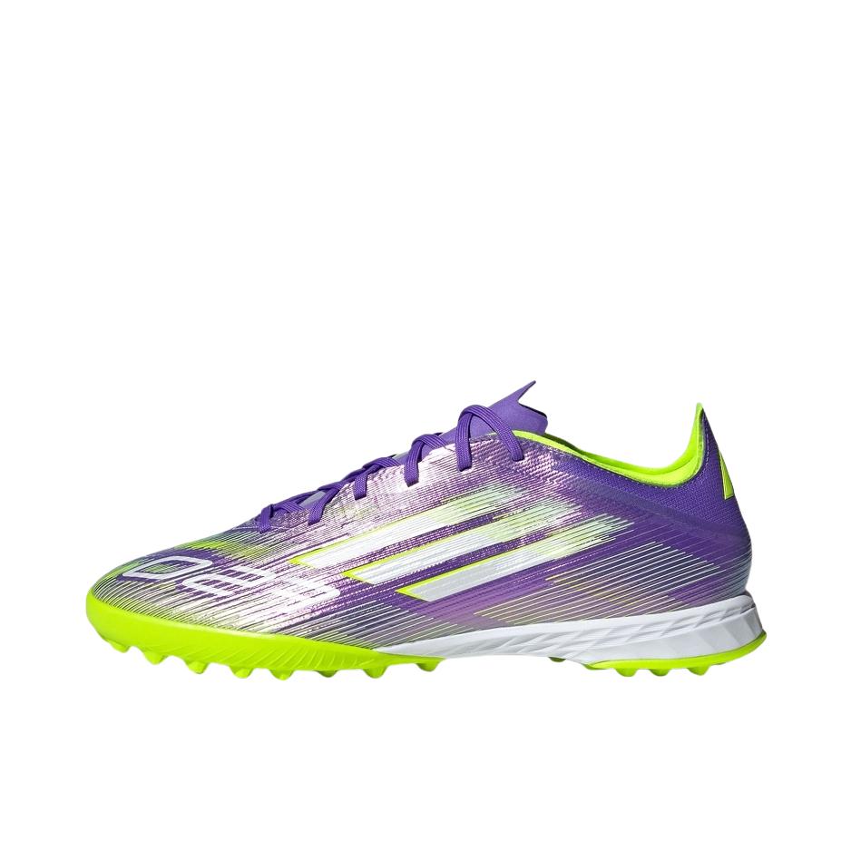推荐商品：adidas F50 League TF 中端 胶质碎钉 人造草地室外硬地 缓震耐用 足球鞋 紫色/白色/亮柠檬黄
