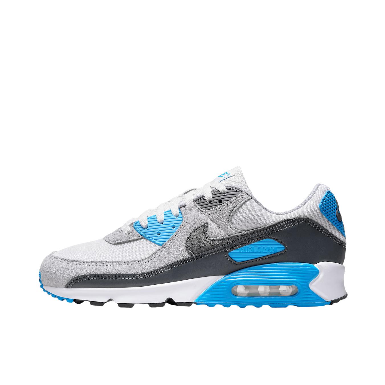 推荐商品：Nike Air Max 90 跑鞋 气垫合成革缓震透气复古增高圆头贴合拼接 灰色/浅蓝色/白色