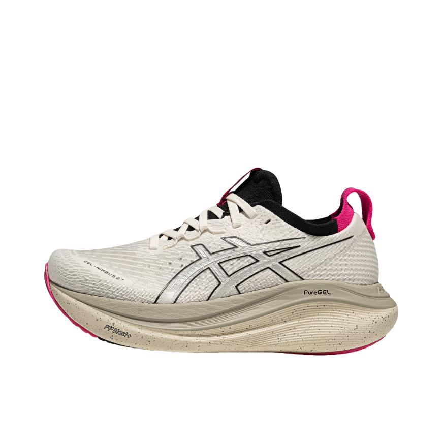 推荐商品：Asics/亚瑟士 Gel-Nimbus 27 跑鞋 防滑耐磨缓震轻量回弹舒适轻便支撑夜跑 女款/白色/银灰色