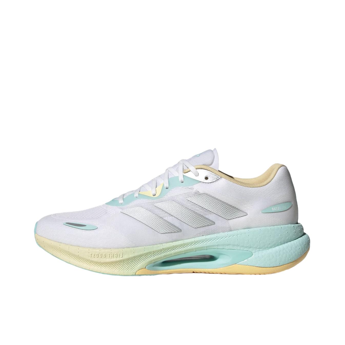 推荐商品：adidas VELOSTAR 跑鞋 超轻稳定缓震回弹排汗贴合体测训练 白色/浅橙色/黄色/金属银