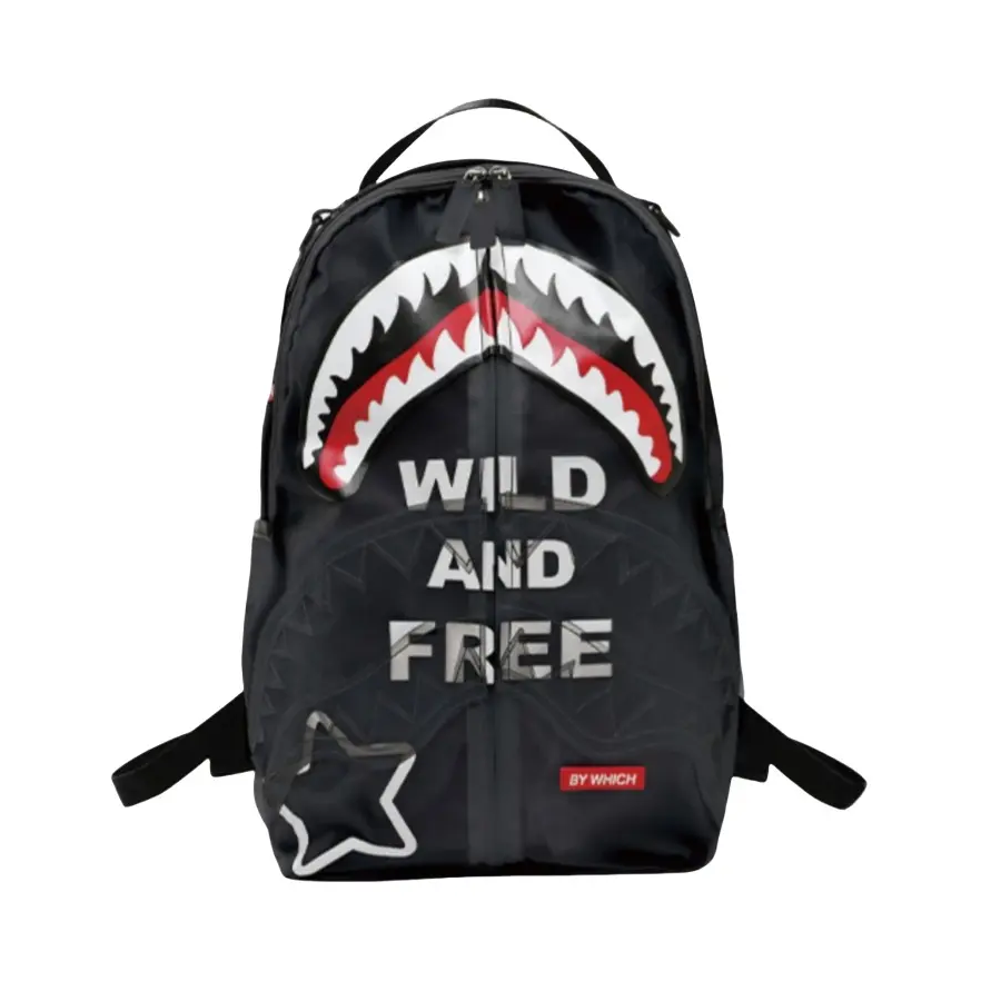 推荐商品：Bywhich 个性潮牌潮流时尚出街印花鲨鱼大容量透明学生电脑出游PU常规书包背包双肩包