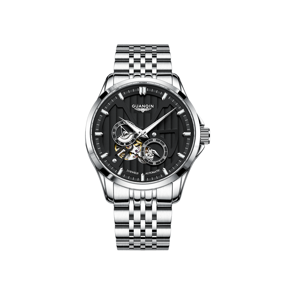 推荐商品：GUANQIN/冠琴 镂空飞轮夜光防水钢带全自动机械男士手表