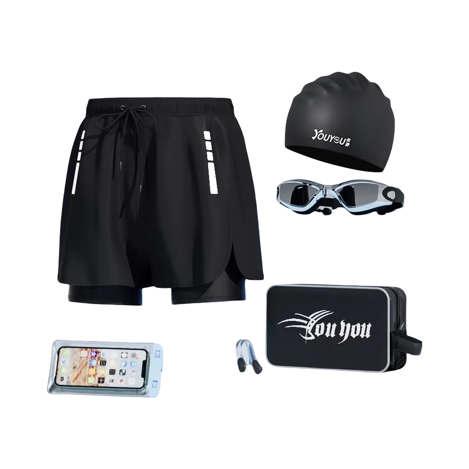 推荐商品：YOUYOU 防尴尬泡温泉双层速干男士平角泳裤 特惠款/泳裤黑+泳帽黑+泳镜黑+泳包黑+手机防水袋蓝+鼻夾黑+耳塞黑