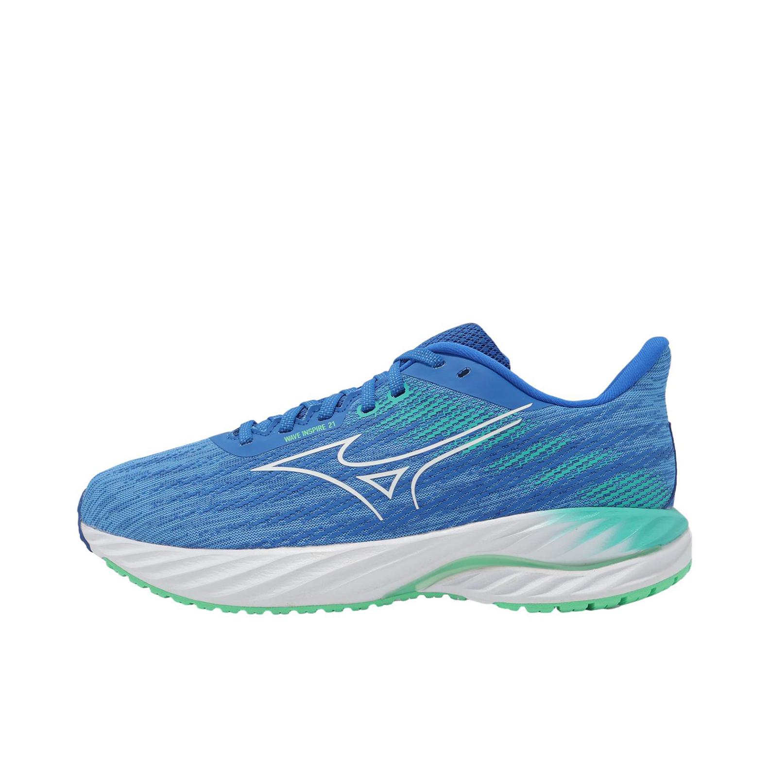 推荐商品：Mizuno/美津浓  Wave Inspire 21  缓震回弹 防滑耐磨 系带 公路 支撑型 舒适百搭  跑鞋 慢跑鞋 蓝色/白色/绿色