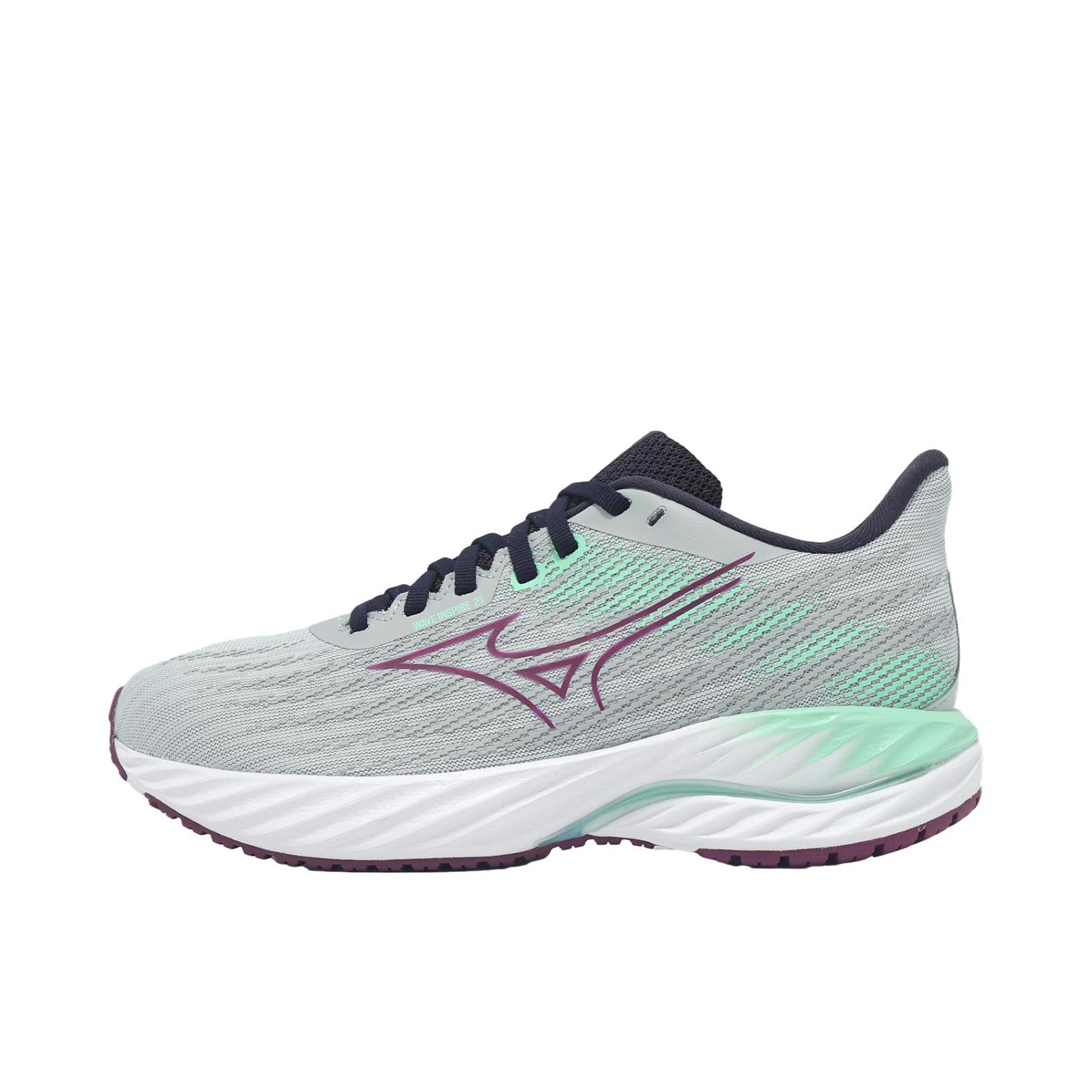 推荐商品：Mizuno/美津浓  Wave Inspire 21  缓震回弹 防滑耐磨 系带 公路 支撑型 舒适百搭  跑鞋 慢跑鞋 女款/灰色/绿色