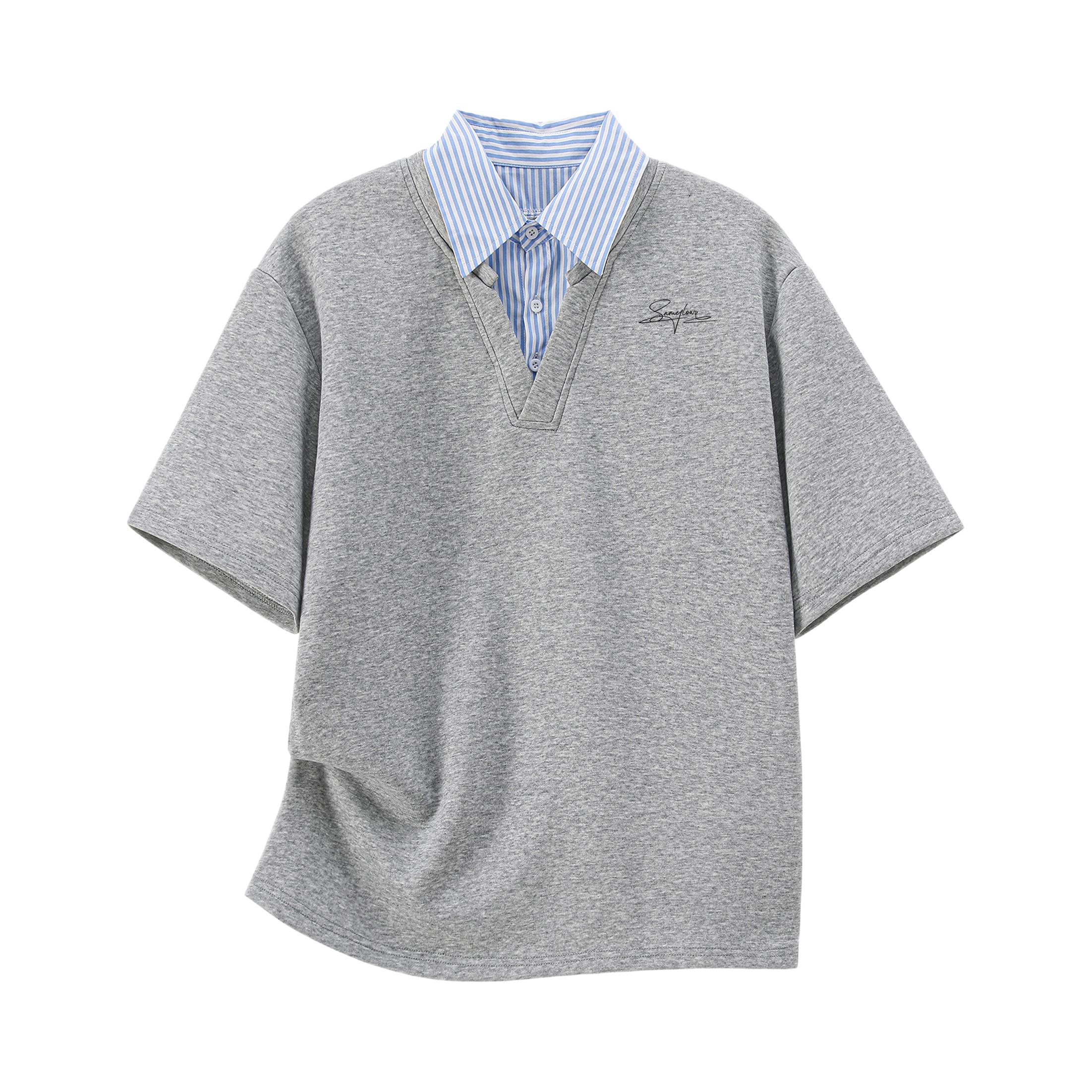 推荐商品：SAME FLOW 学院风假两件条纹拼接设计短袖衬衫 SA-AT-T288YH05 灰