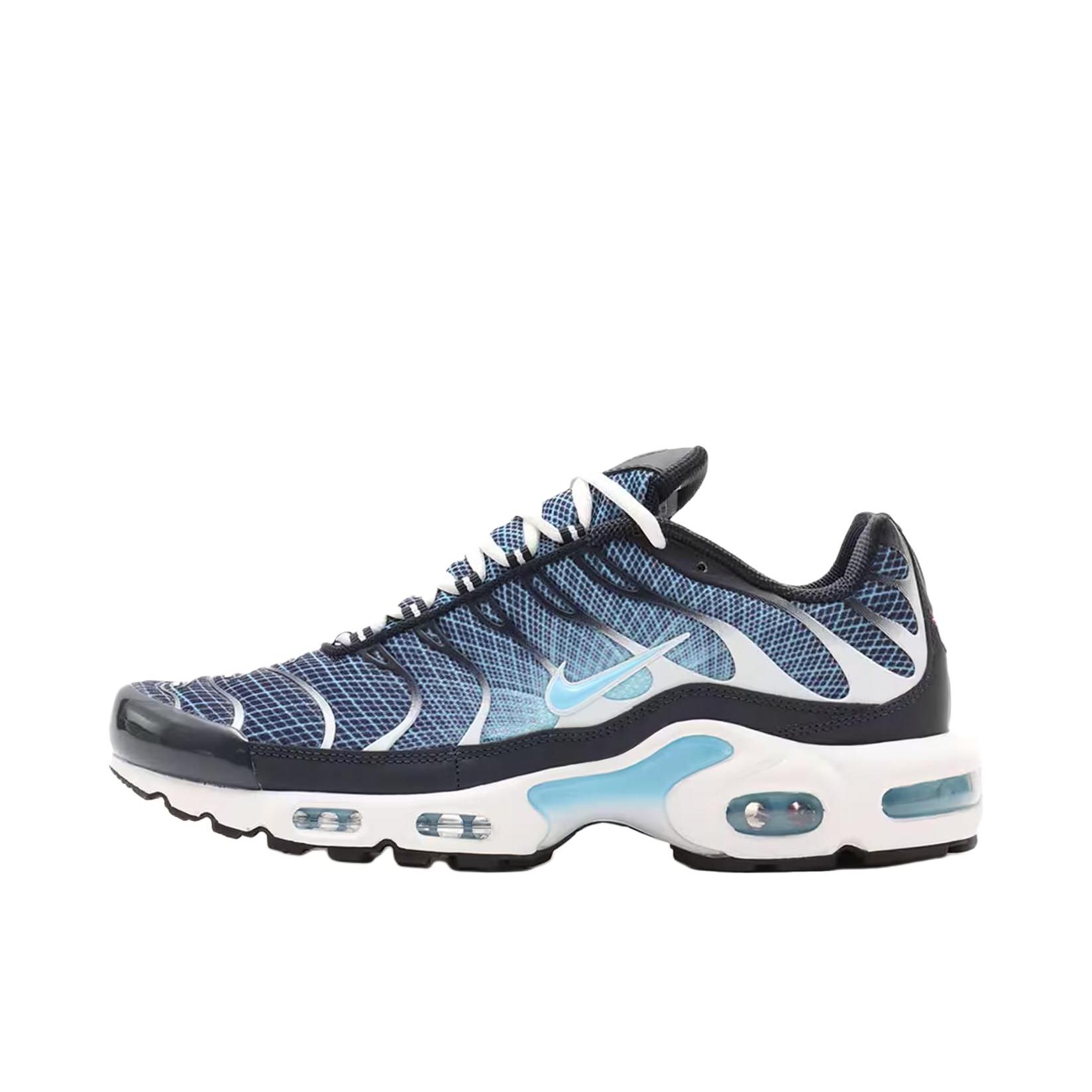 推荐商品：Nike Air Max Plus 跑鞋 休闲舒适轻便网布透气防滑耐磨气垫缓震包裹性贴合圆头 蓝色/深黑色/白色 