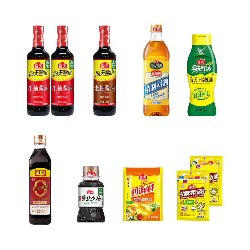 推荐商品：HADAY/海天 生抽+老抽+料酒+上等蚝油+香醋+薄盐生抽+鸡精+拌饭酱 组合装