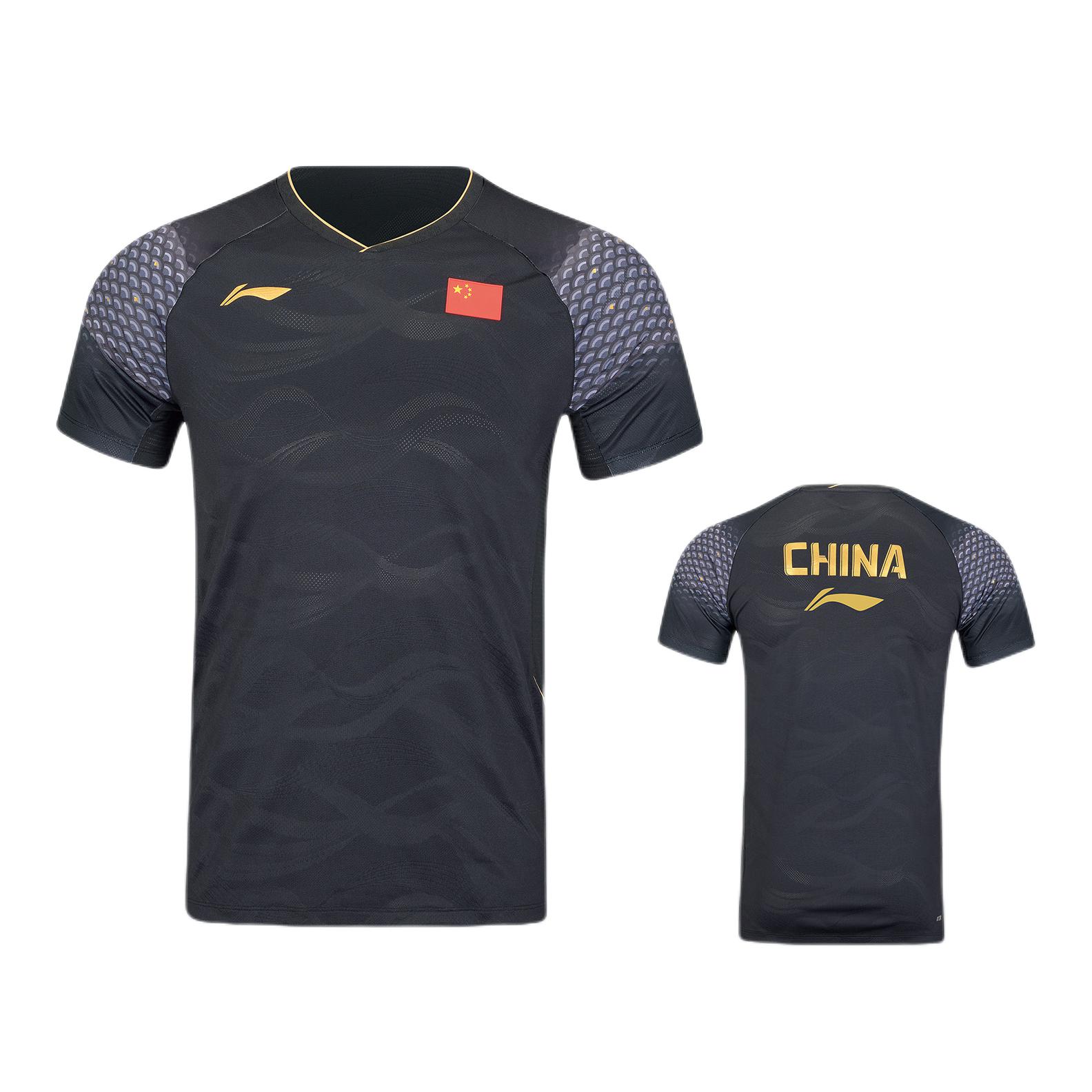 推荐商品：Li Ning/李宁 中青队套头凉爽插肩袖V领短袖羽毛球服 AAYV149 黑/大赛版