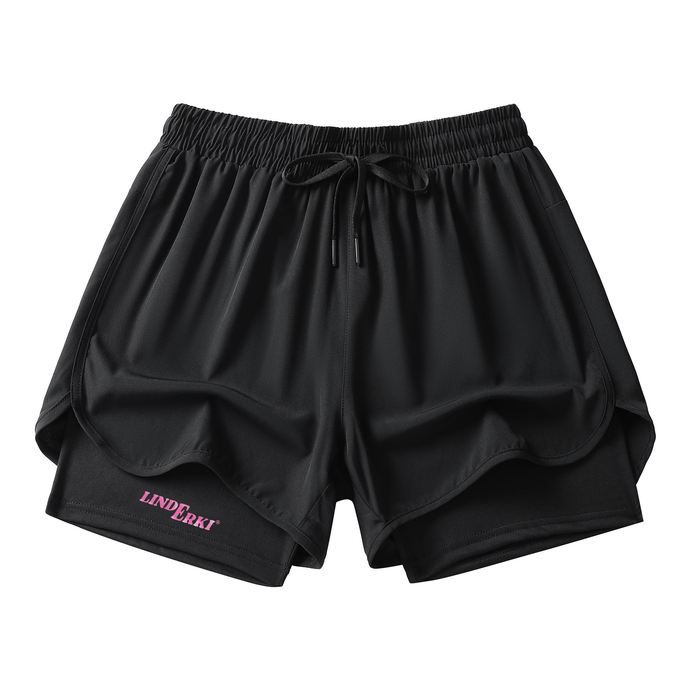 推荐商品：Lind Erki 美假两件三分裤中腰运动短裤 LE9826 黑/粉