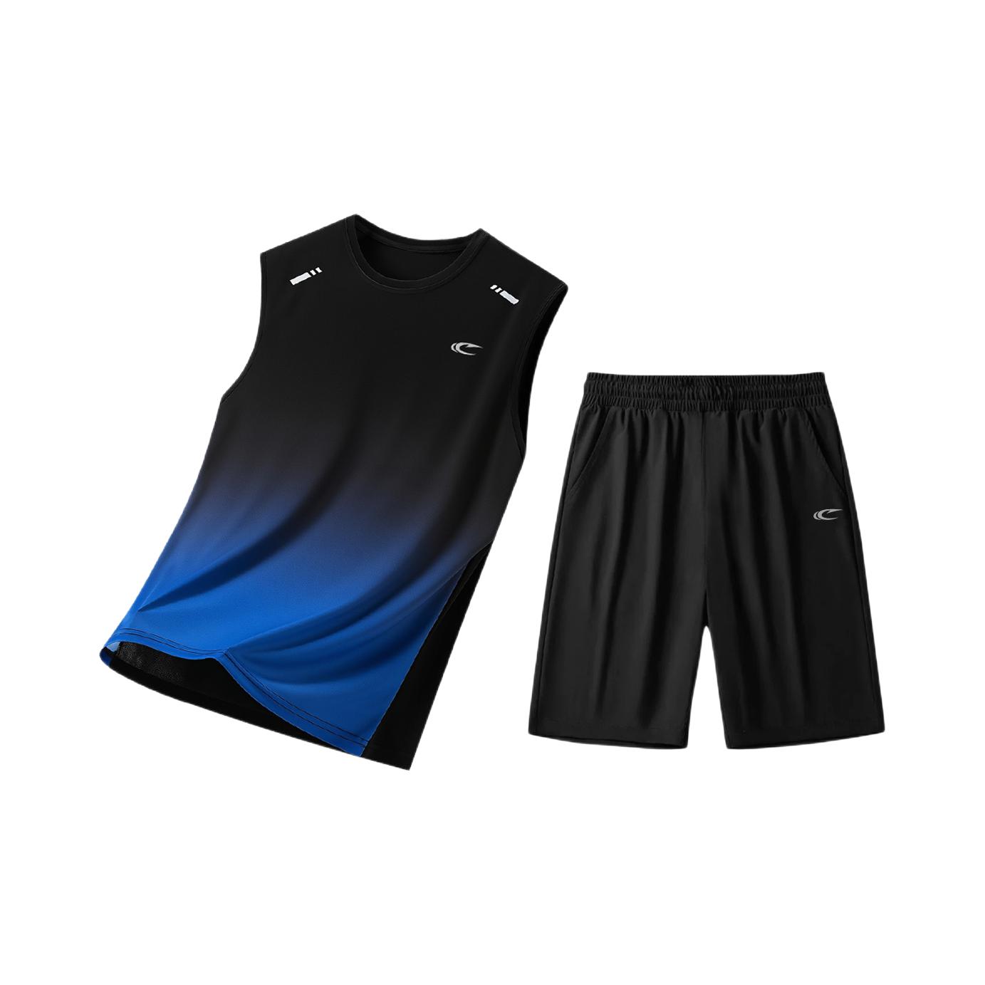 推荐商品：赛琪 直筒五分冰丝网眼渐变运动套装 034SZ8908 黑蓝背心+黑短裤