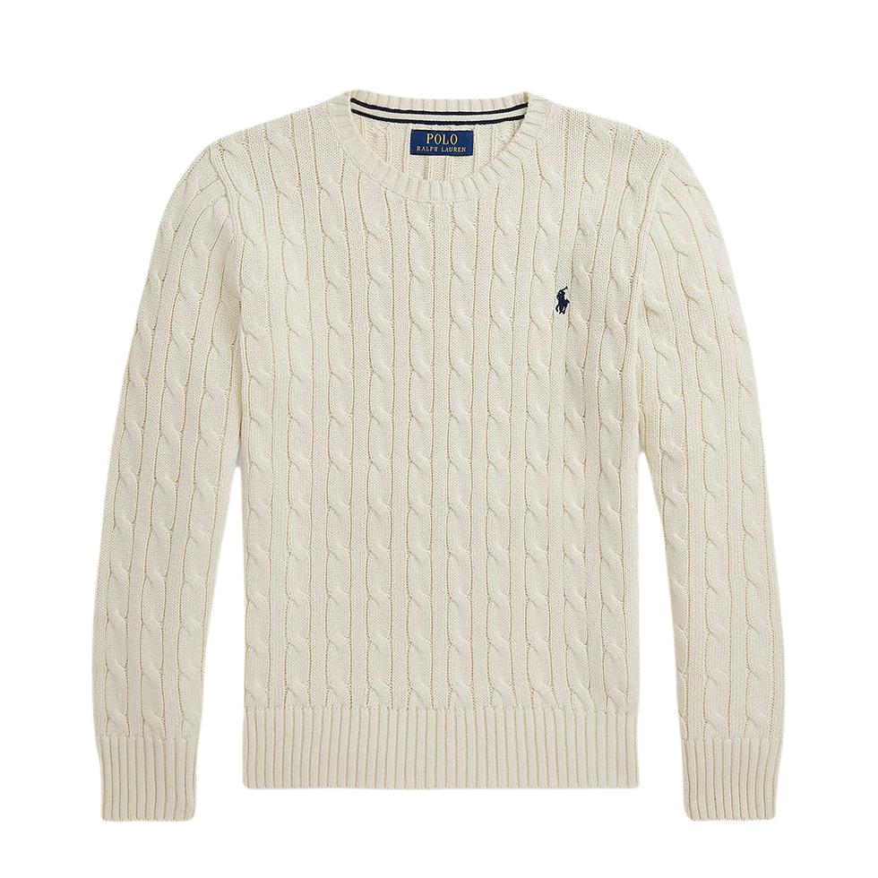 推荐商品：Ralph Lauren/拉夫劳伦童装 新年系列纯色圆领编结棉质粗绞花针织毛衣 男中大童 323702674-043 白