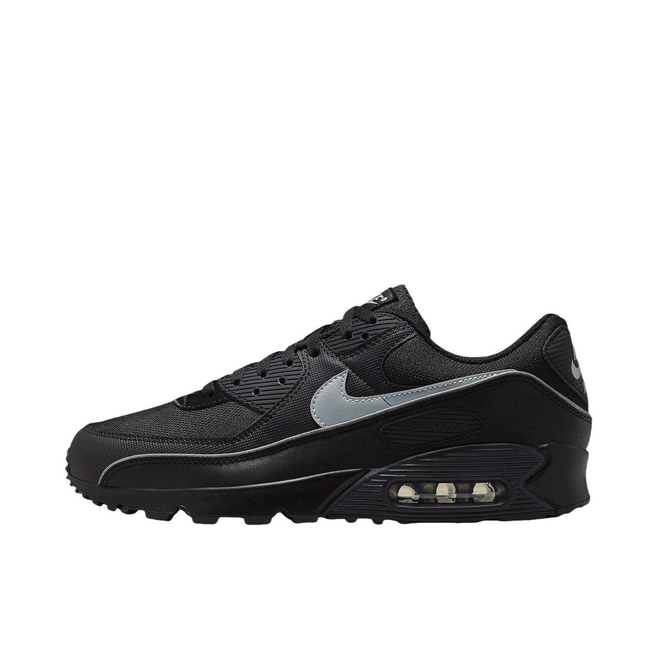 推荐商品：Nike Air Max 90 跑鞋 气垫合成革缓震透气复古增高圆头贴合拼接 纯黑色/银色