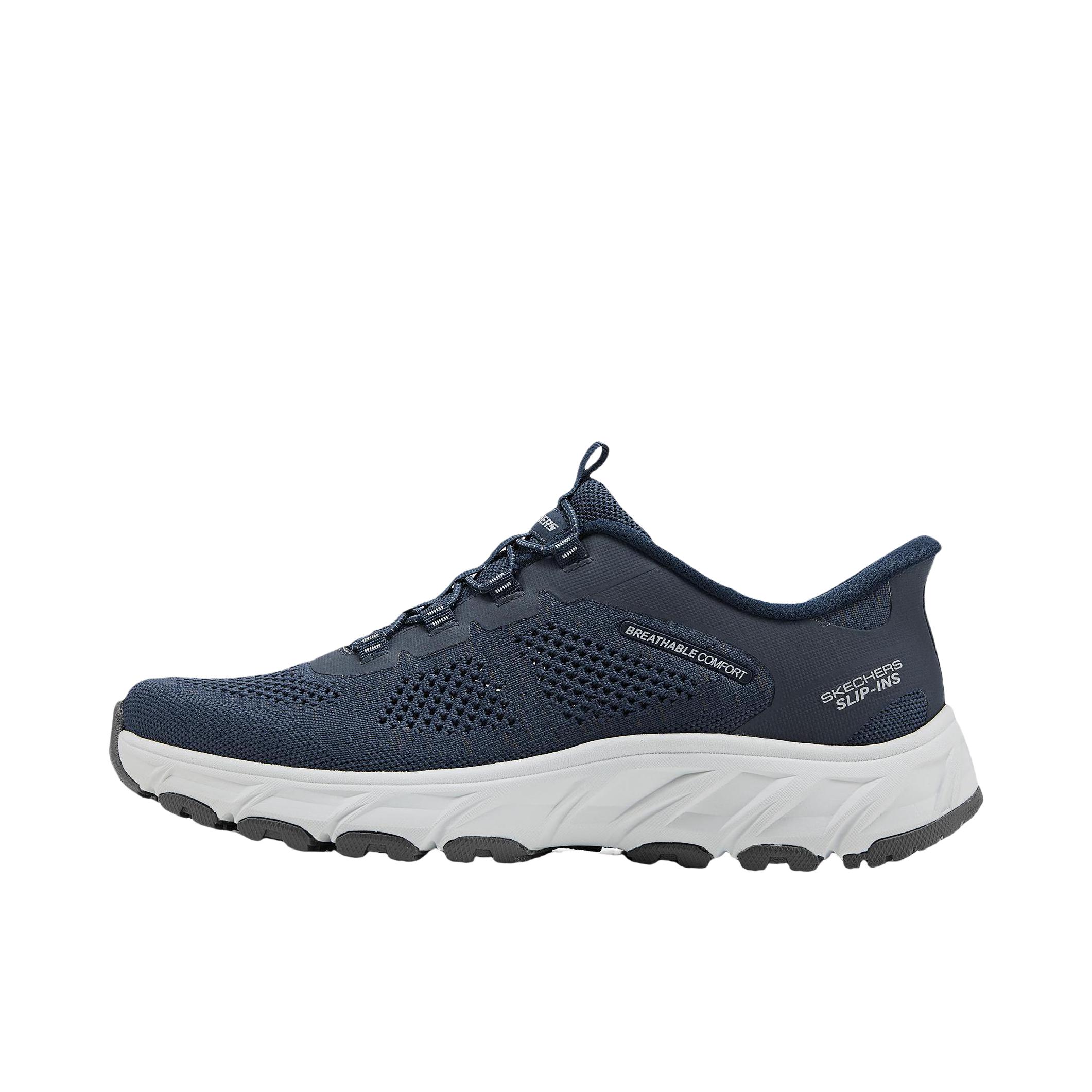 推荐商品：Skechers/斯凯奇 Slip ins系列 一脚蹬 松紧带 圆头 青年 健步鞋 闪穿鞋 户外休闲鞋 海军蓝色