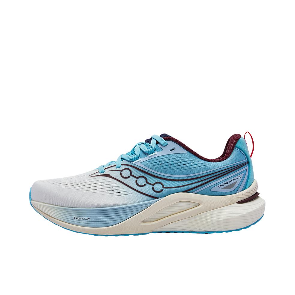 推荐商品：Saucony/索康尼 TEMPUS 坦途3 跑鞋 轻量长跑训练鞋轻便回弹防水版稳定支撑型慢跑鞋 白色/浅兰色
