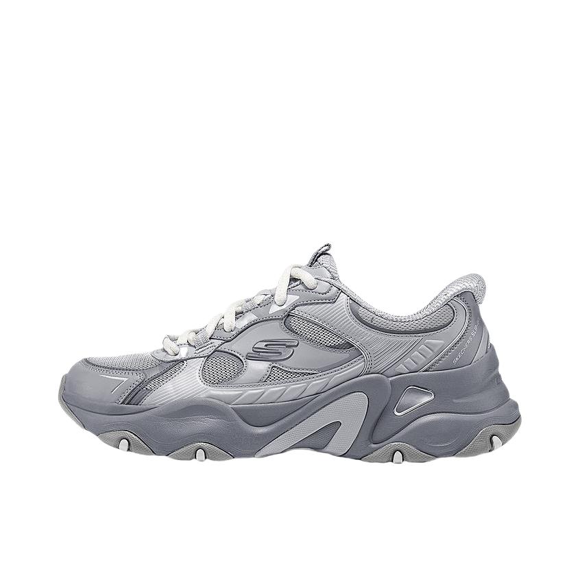 推荐商品：Skechers/斯凯奇 熊猫鞋5代 老爹鞋 闪穿鞋 网面透气一脚蹬 灰色