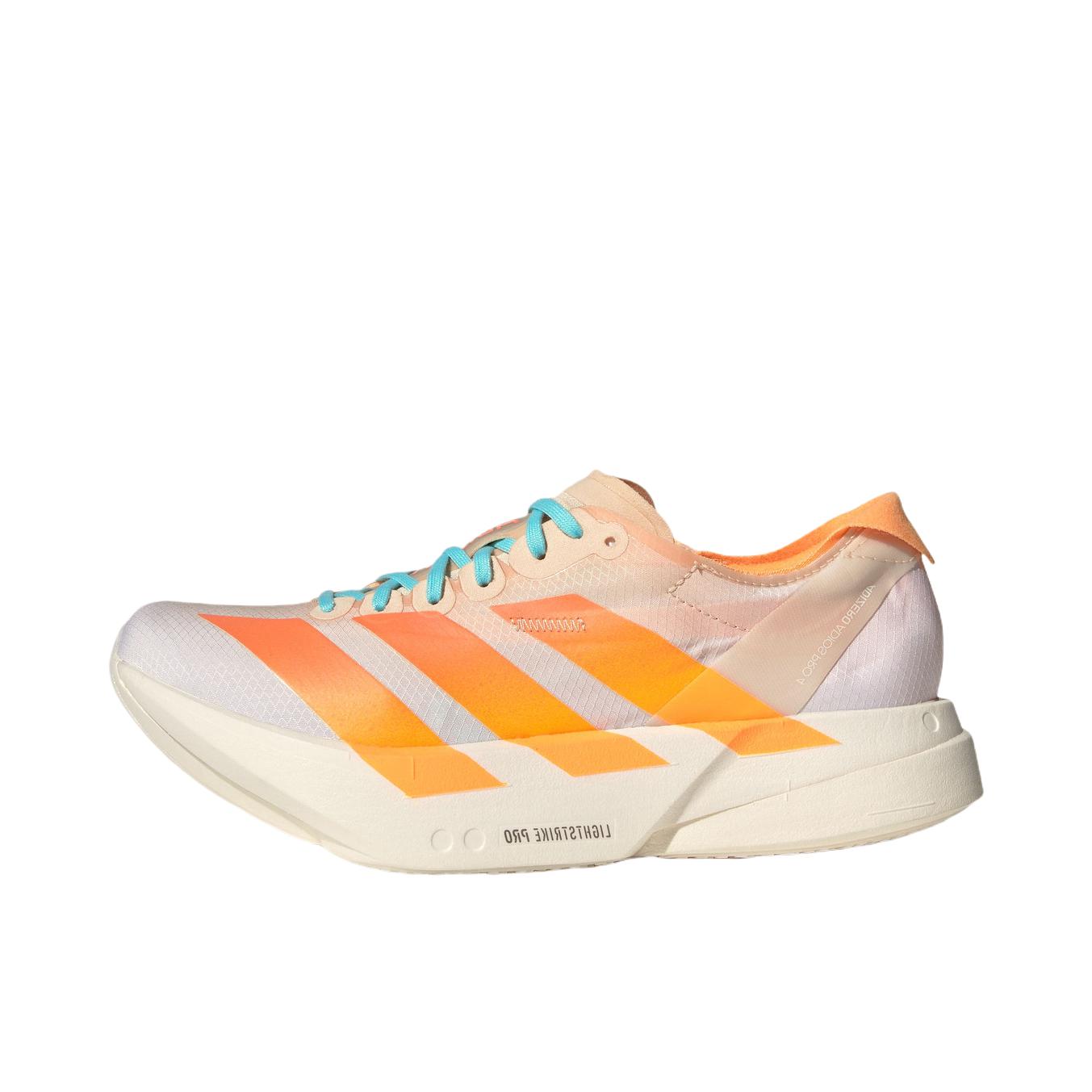 推荐商品：adidas Adizero Adios Pro 4 跑鞋 碳柱缓震防滑耐磨低帮休闲贴合短跑支撑 女款/水晶沙棕/闪光橙/闪光蓝