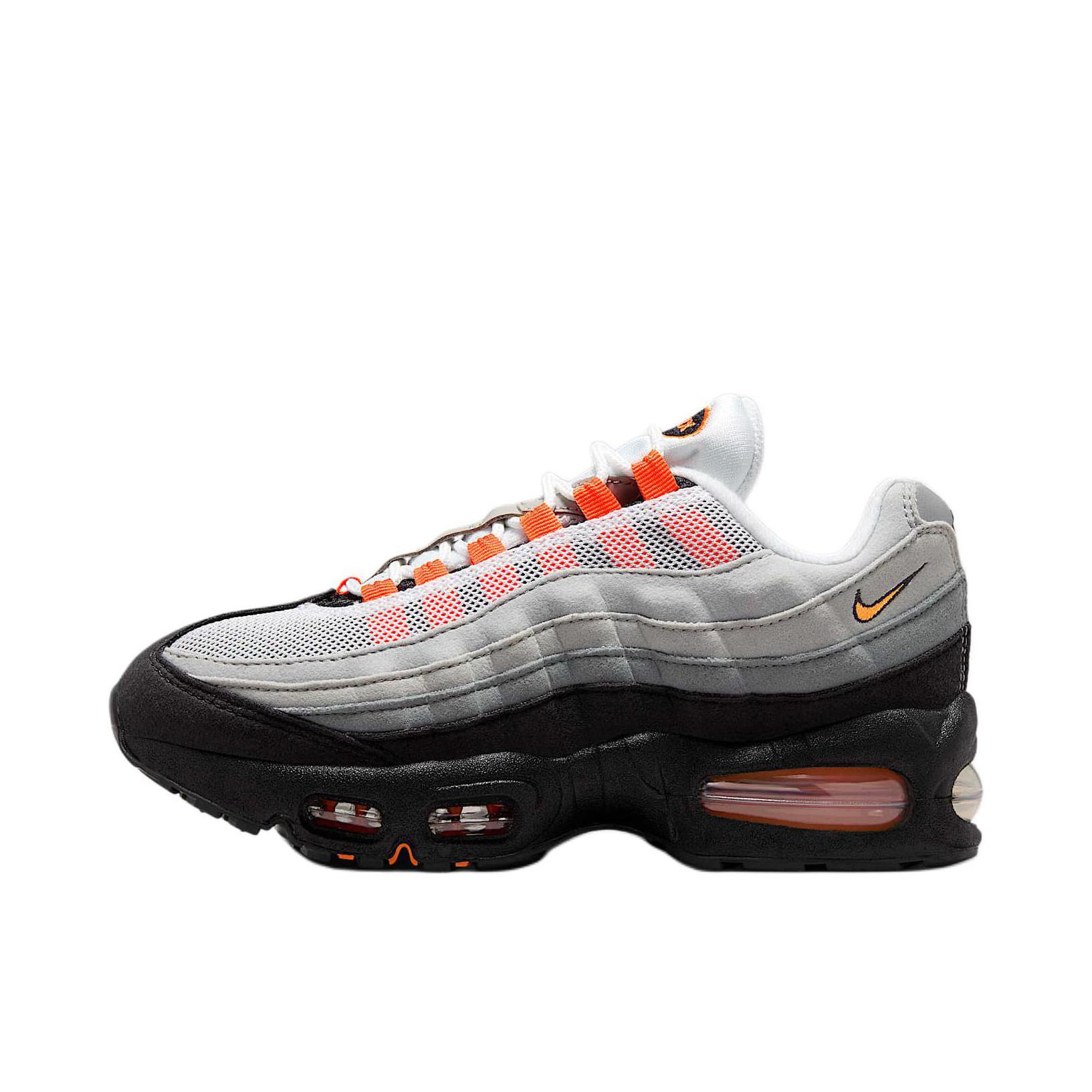 推荐商品：Nike Air Max 95 跑鞋 潮流时尚复古百搭防滑耐磨舒适透气防水气垫织物支撑低帮缓震贴合耐用圆头 大童/白色/亮橘色/狼灰色